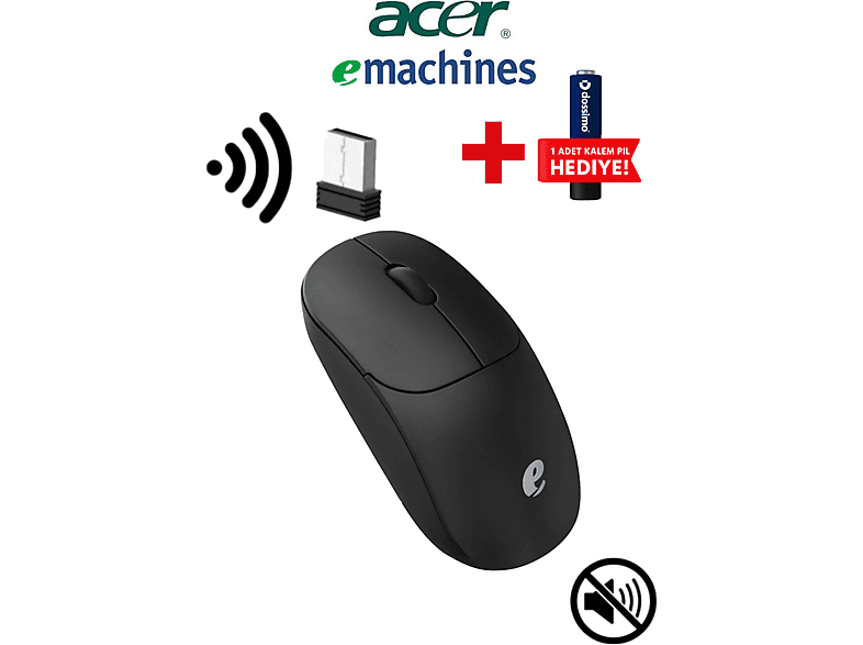 ACER EAM080 eMachines Sessiz USB Alıcılı Pil Hediyeli Ev ve Ofis İçin Kablosuz Mouse Siyah