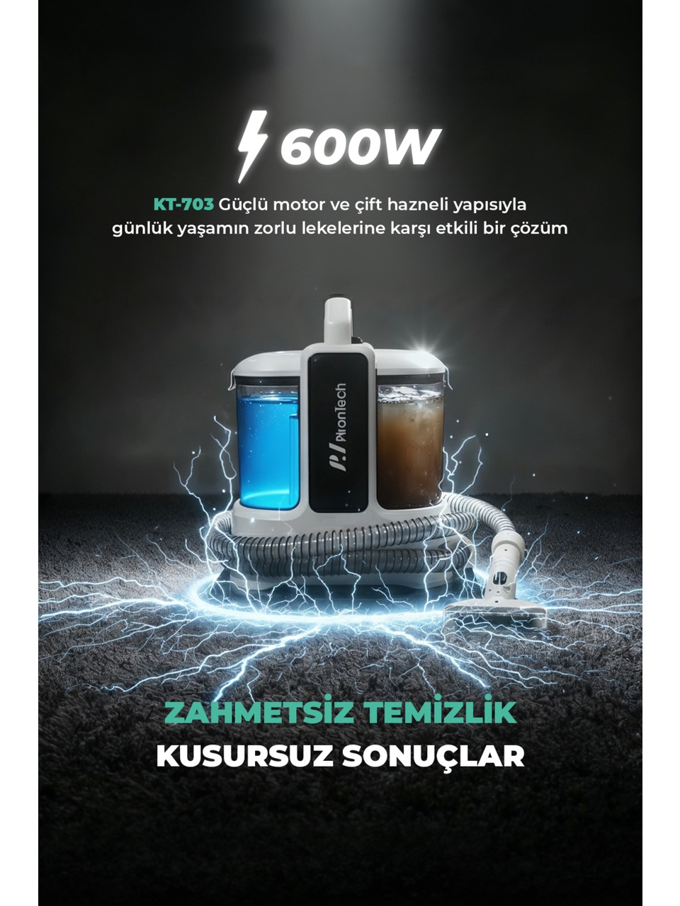 Mavi ve kahverengi haznesi olan 600W temizlik cihazı halı üzerinde.