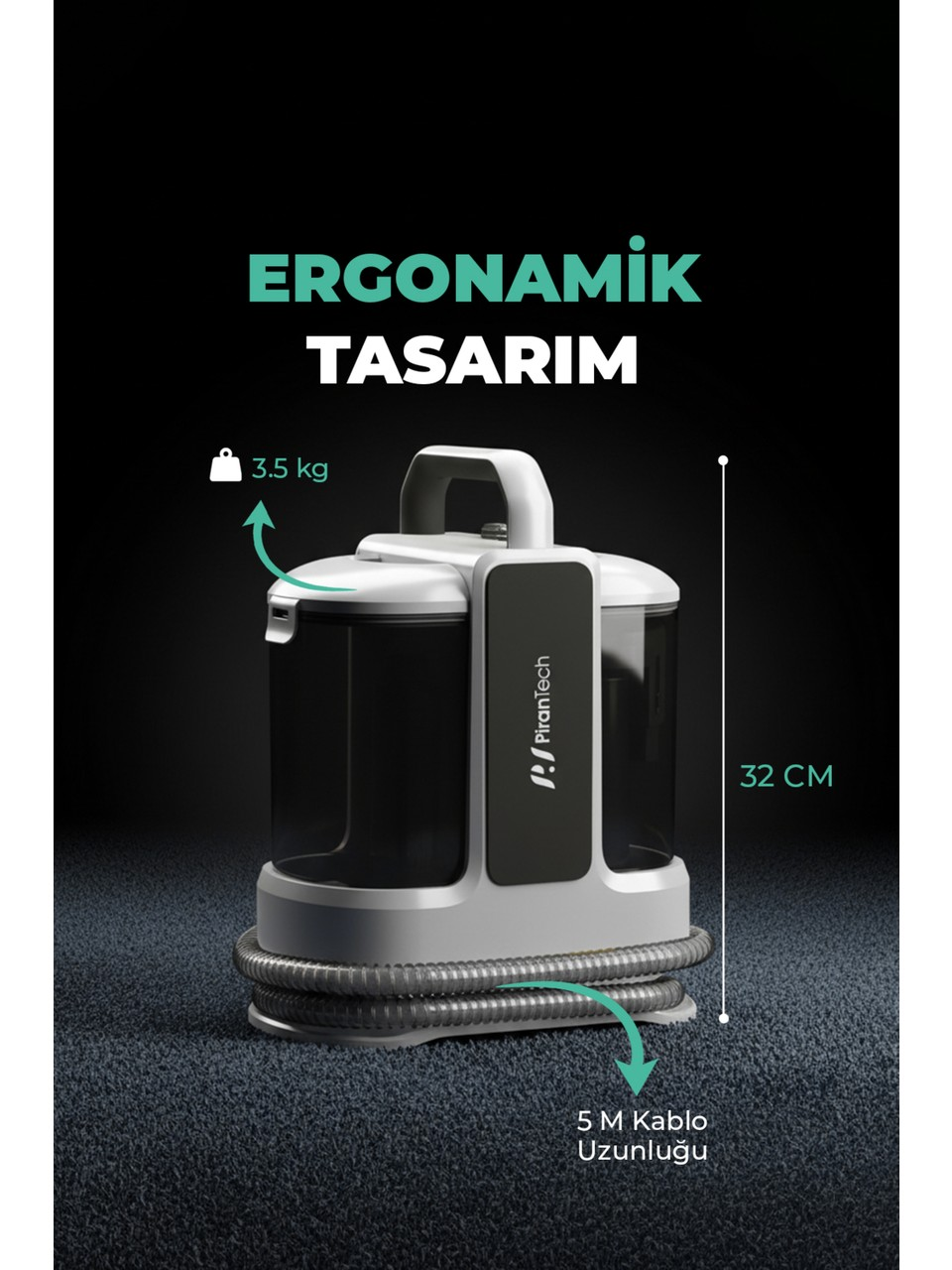 3,5 kg ağırlığında ve 32 cm yüksekliğinde beyaz ve gri elektrikli süpürge.