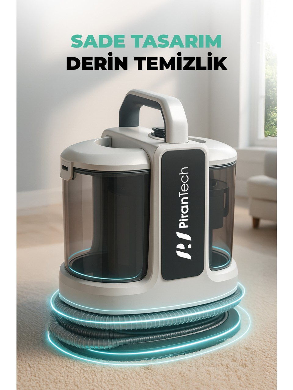Şeffaf haznesi olan beyaz bir elektrikli süpürge halının üzerinde duruyor.