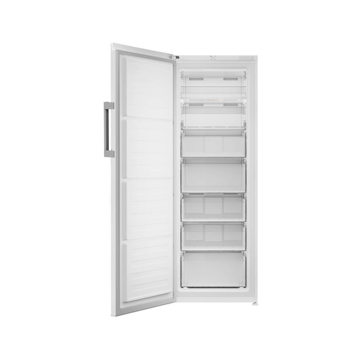 Un congelatore verticale bianco con la porta aperta, che rivela più cassetti trasparenti.