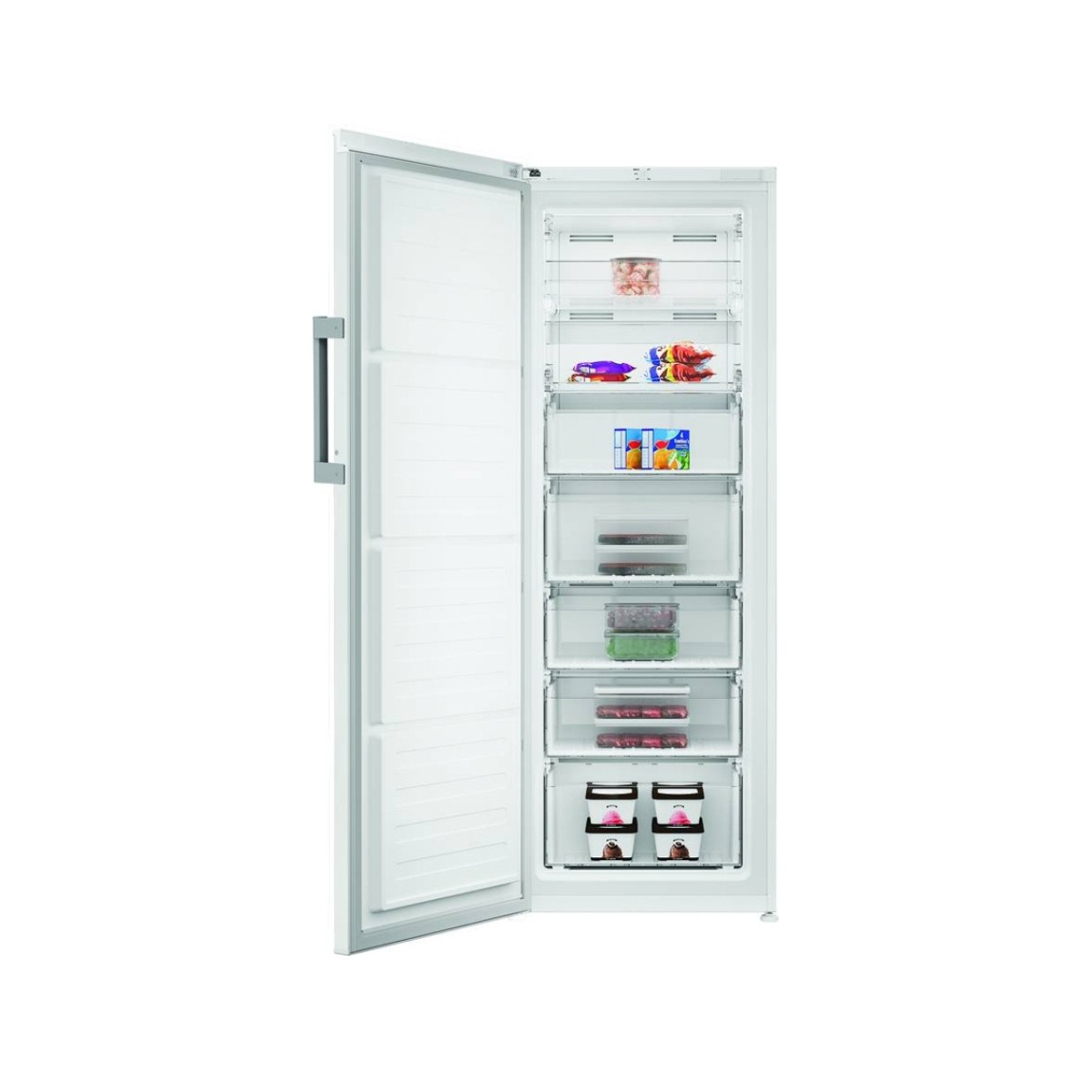 Un congelatore verticale bianco con porta aperta, pieno di cibo.