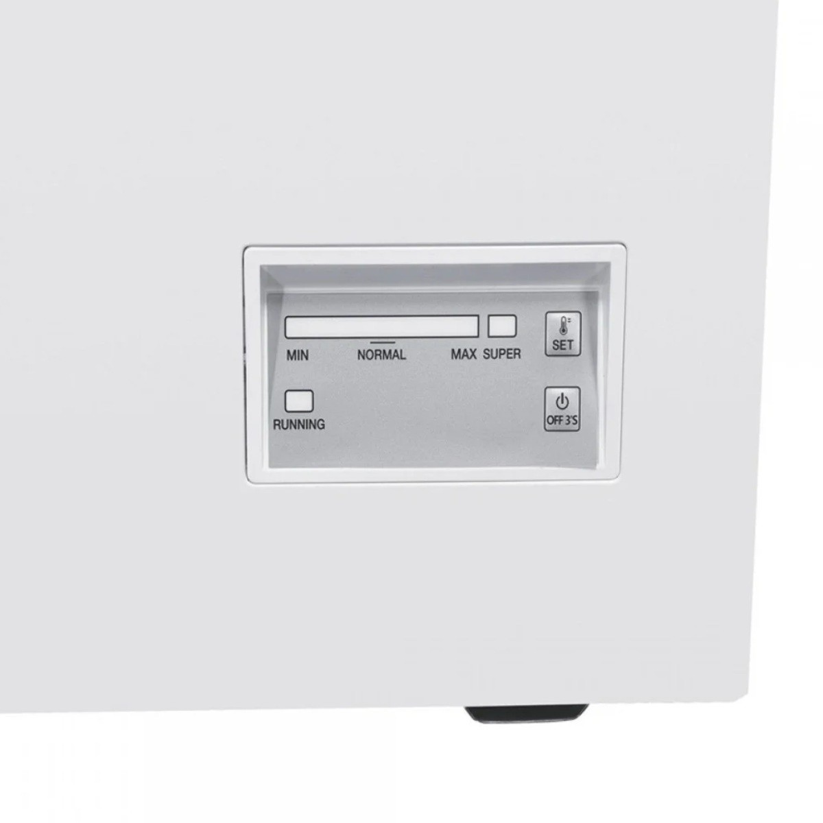 Un pannello di controllo bianco con le etichette MIN, NORMAL, MAX SUPER e RUNNING.