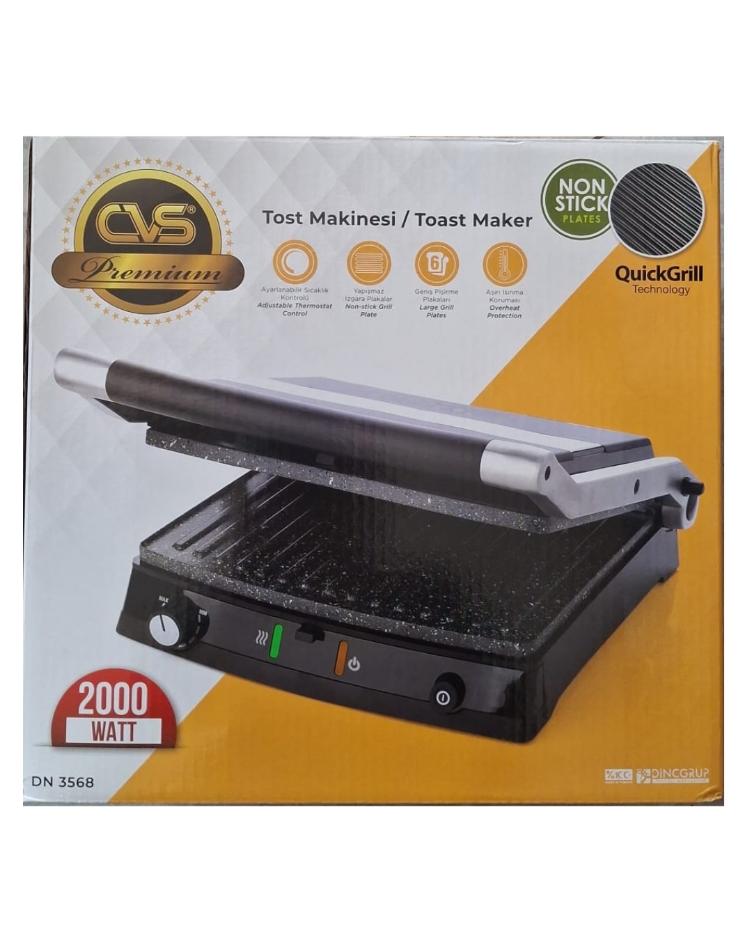 Yapışmaz grill plakalı siyah CVS Premium 2000 Watt tost makinesi.
