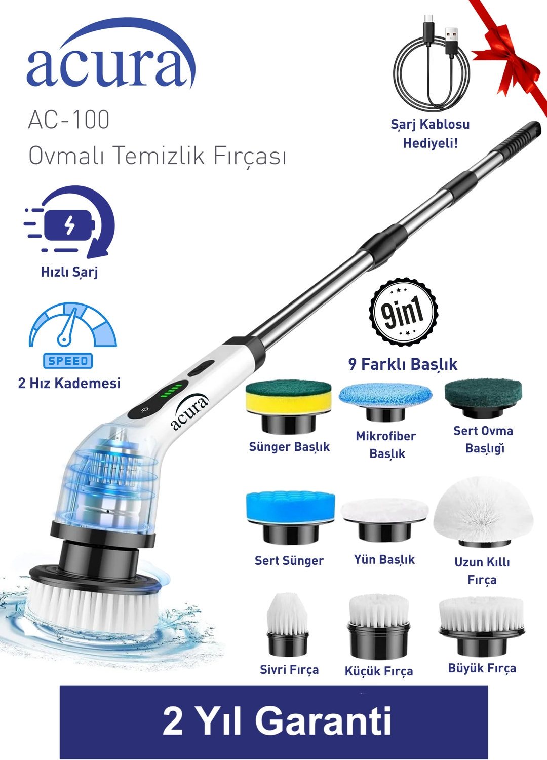 Çoklu başlık, şarj kablosu ve garantili elektrikli temizlik fırçası.