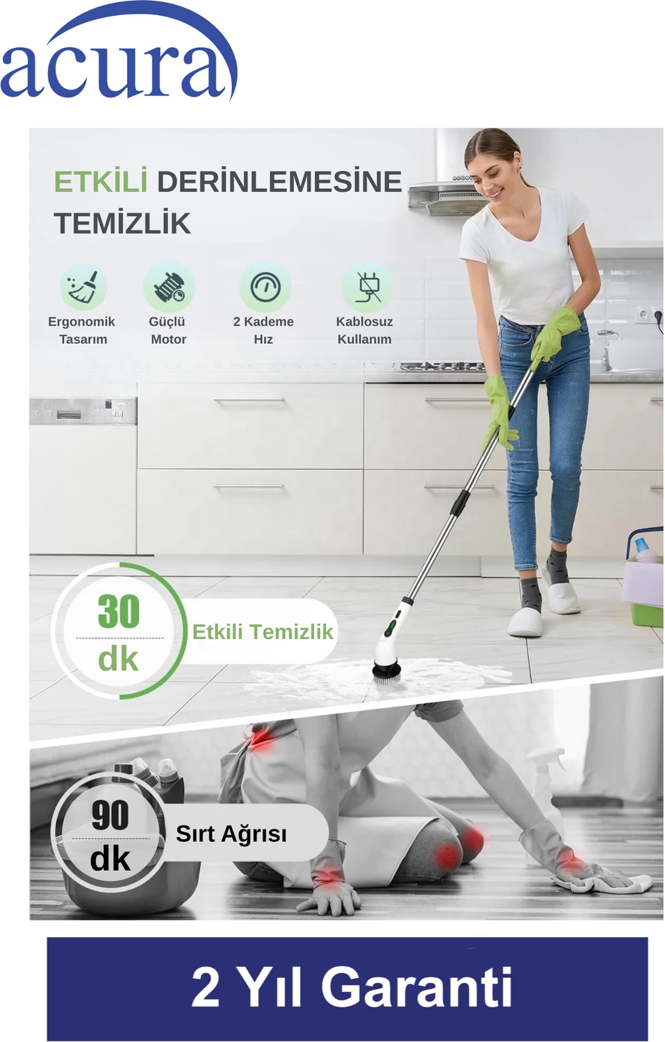 Kadın kablosuz fırça ile zemini temizliyor. Görseller verimlilik ve sırt ağrısı gösteriyor.