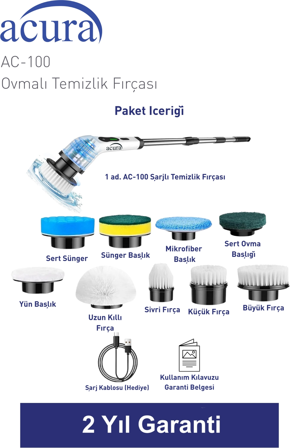 Çeşitli aparat ve aksesuarlara sahip bir Acura AC-100 temizlik fırçası.