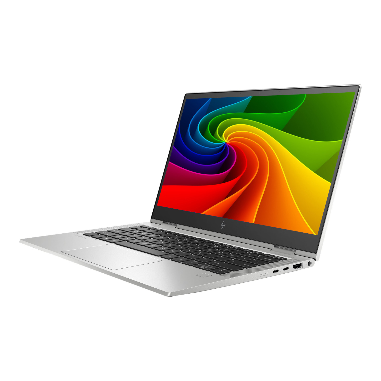 Silberner Laptop mit buntem Wirbelmuster auf dem Bildschirm.