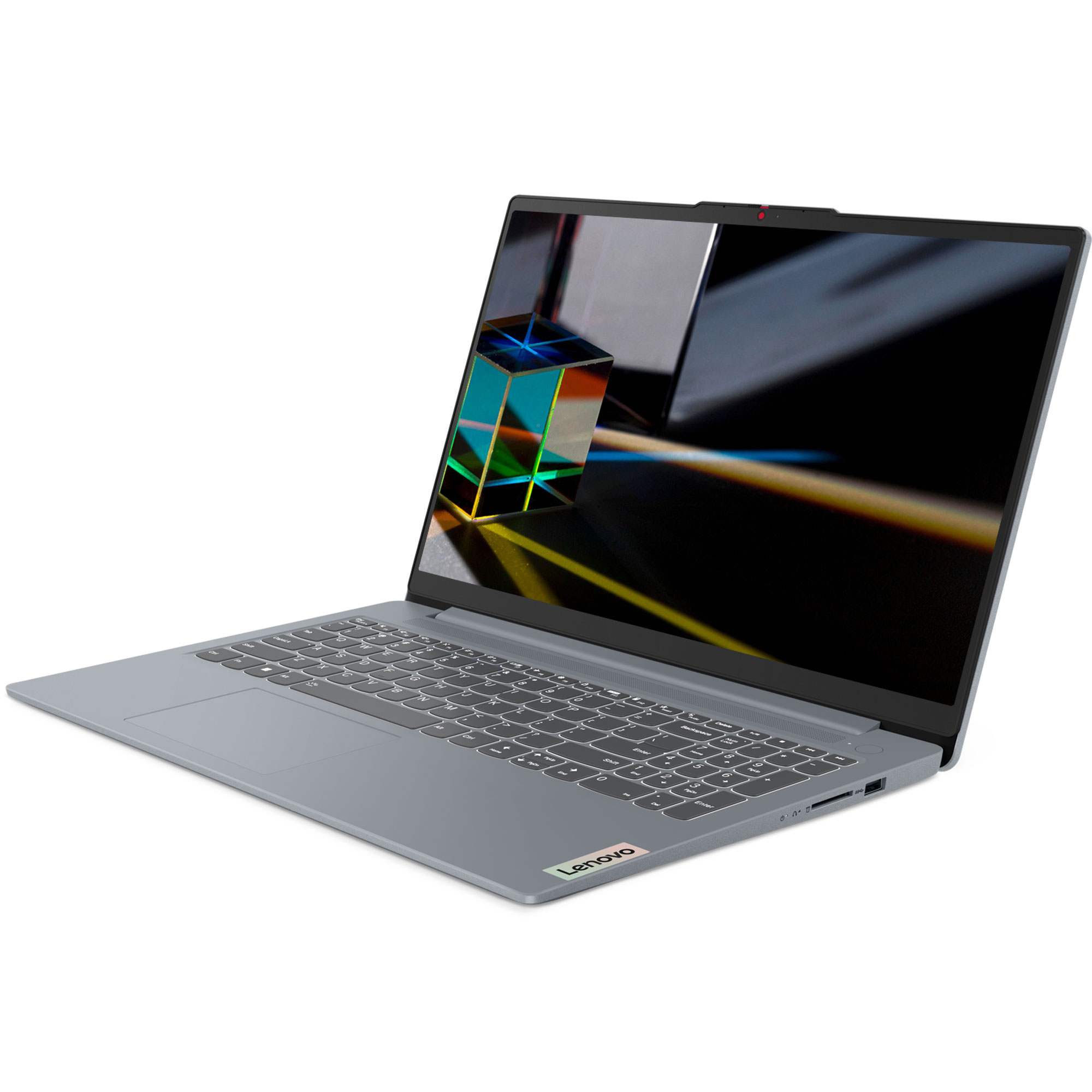 Gri bir Lenovo dizüstü bilgisayar açık, ekranında renkli bir prizma gösteriyor.
