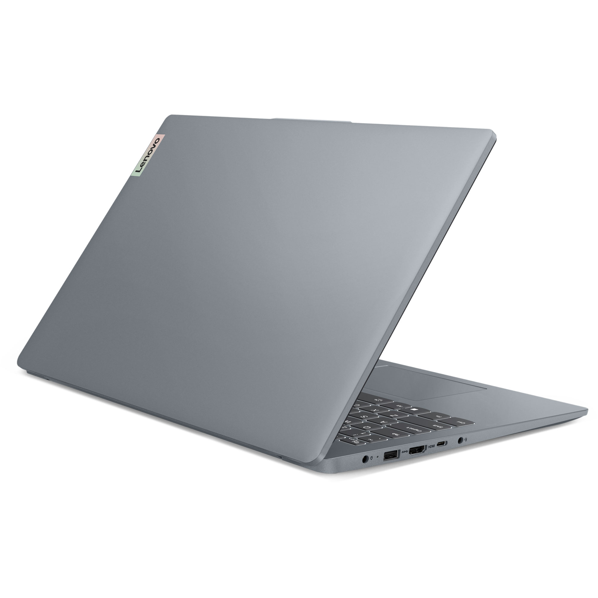 Gri bir Lenovo dizüstü bilgisayar açık halde beyaz arka plan üzerinde görünüyor.