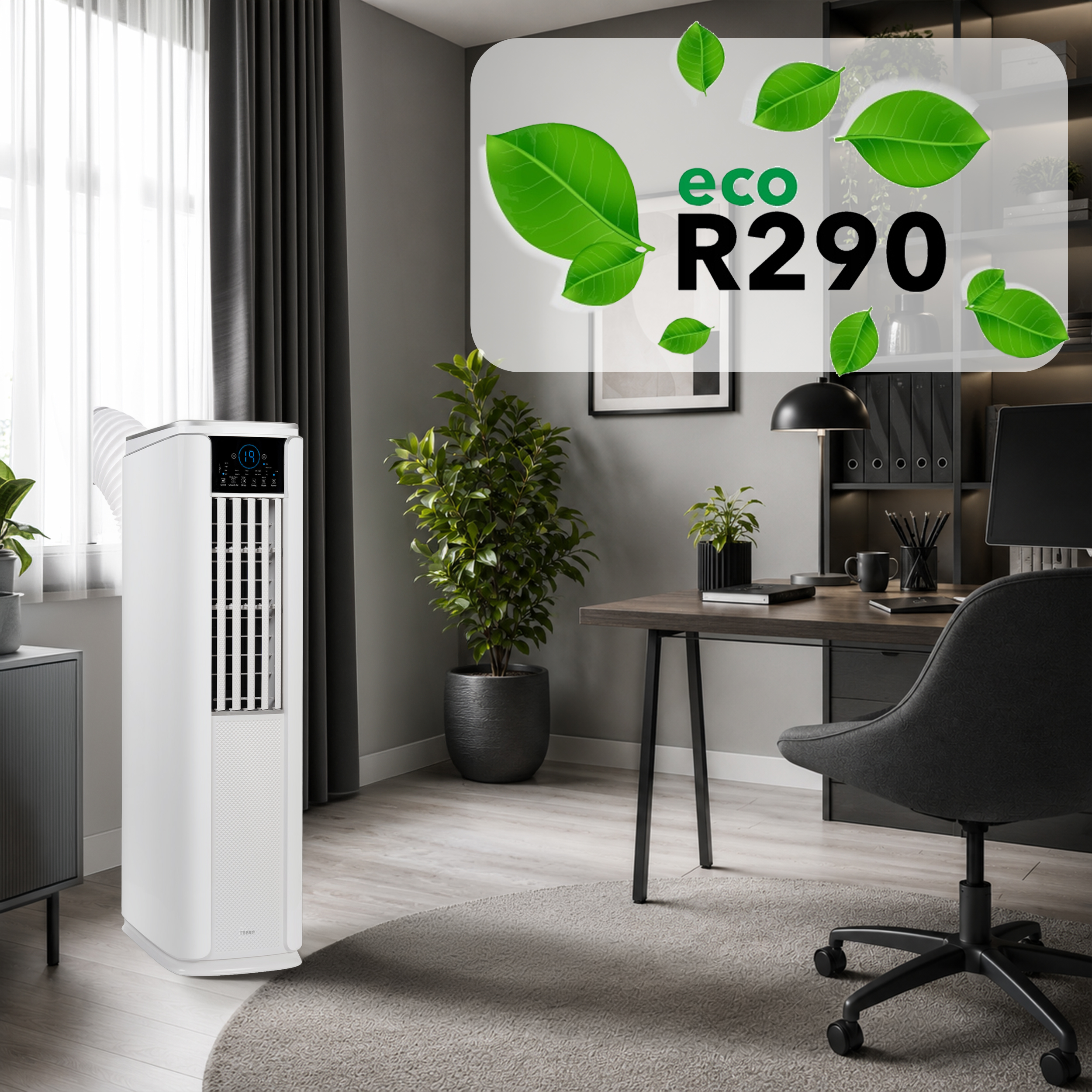 Biały klimatyzer stoi przy oknie w nowoczesnym biurze z roślinami i biurkiem.