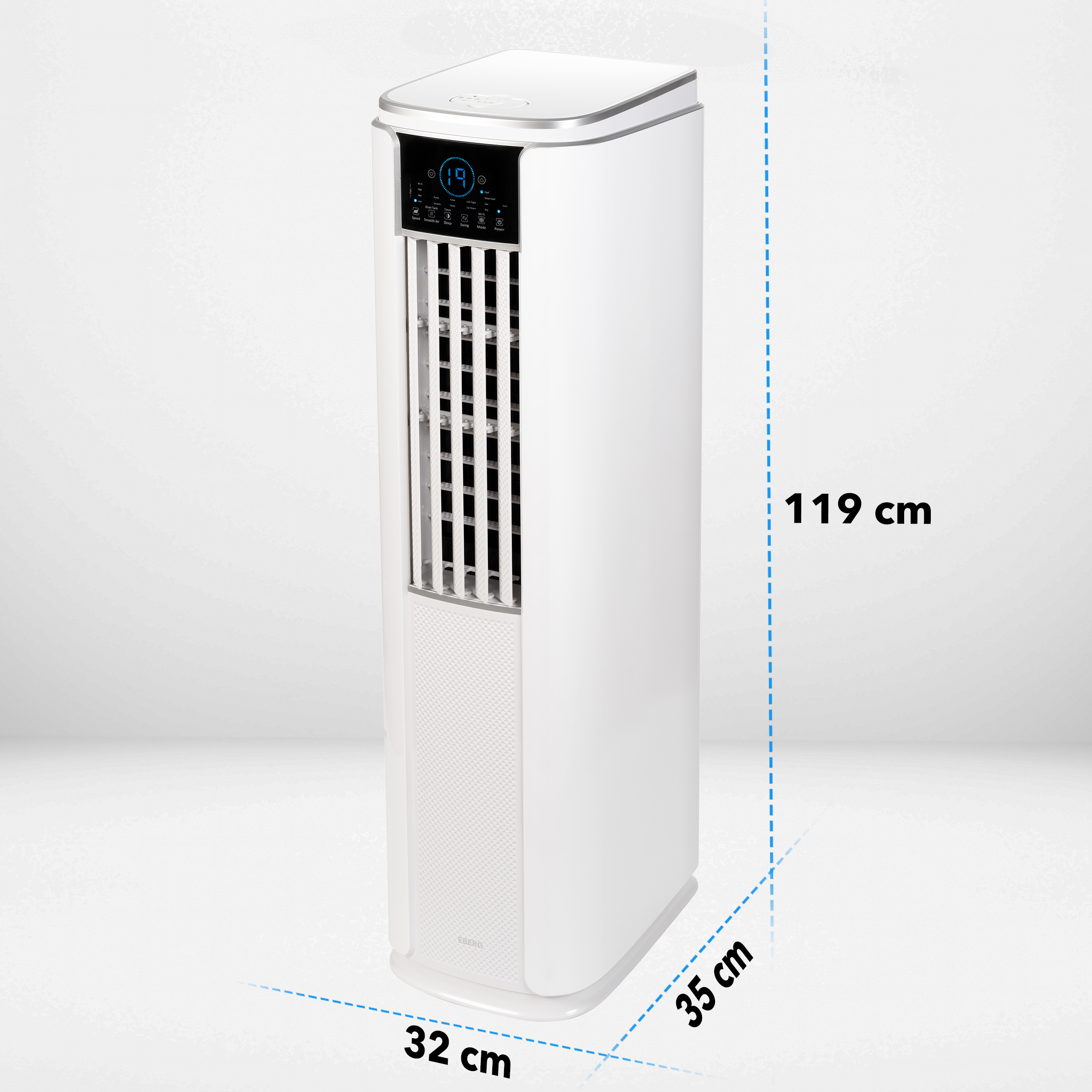 Biały wentylator wieżowy z panelem sterowania i wymiarami 119 cm wys., 35 cm szer., 32 cm gł.