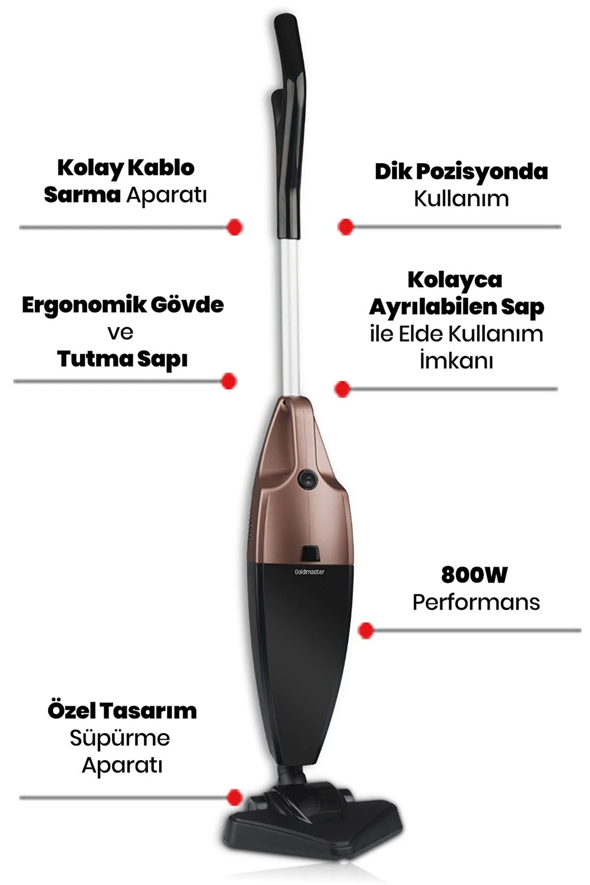 Özellikleri belirtilmiş, siyah ve rose gold dik süpürge.