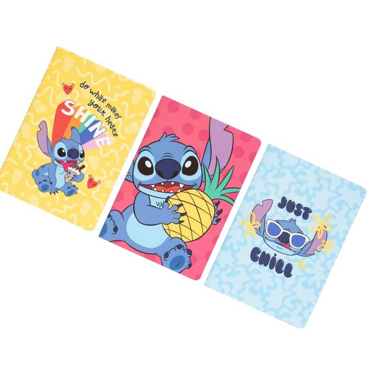 Drei Notizbücher mit Stitch: eins mit Eis, eins mit Ananas und eins mit Sonnenbrille.
