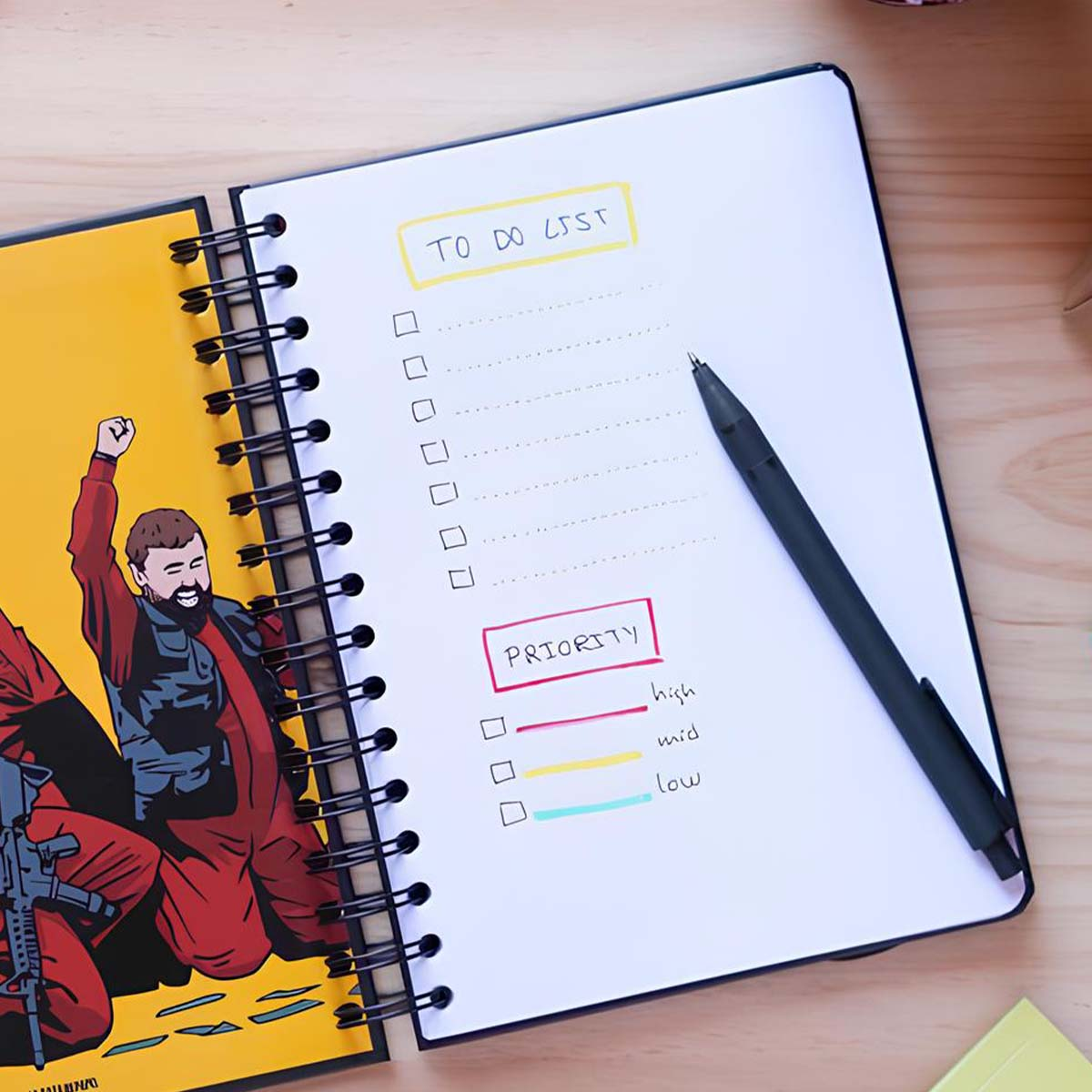 Ein Notizbuch mit einer To-Do-Liste und Prioritäten, daneben eine gezeichnete Figur.