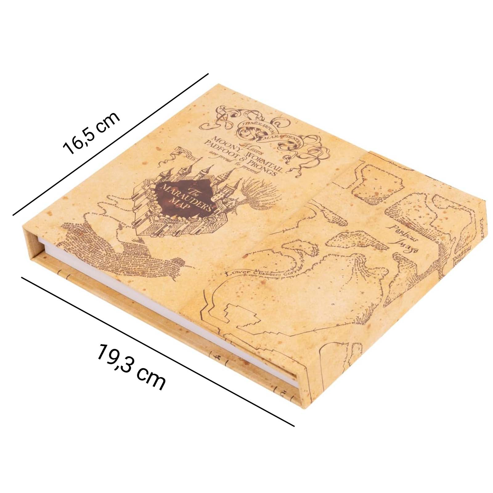Ein aufgeschlagenes Notizbuch mit einer Karte des Rumtreiber-Plans auf dem Einband.
