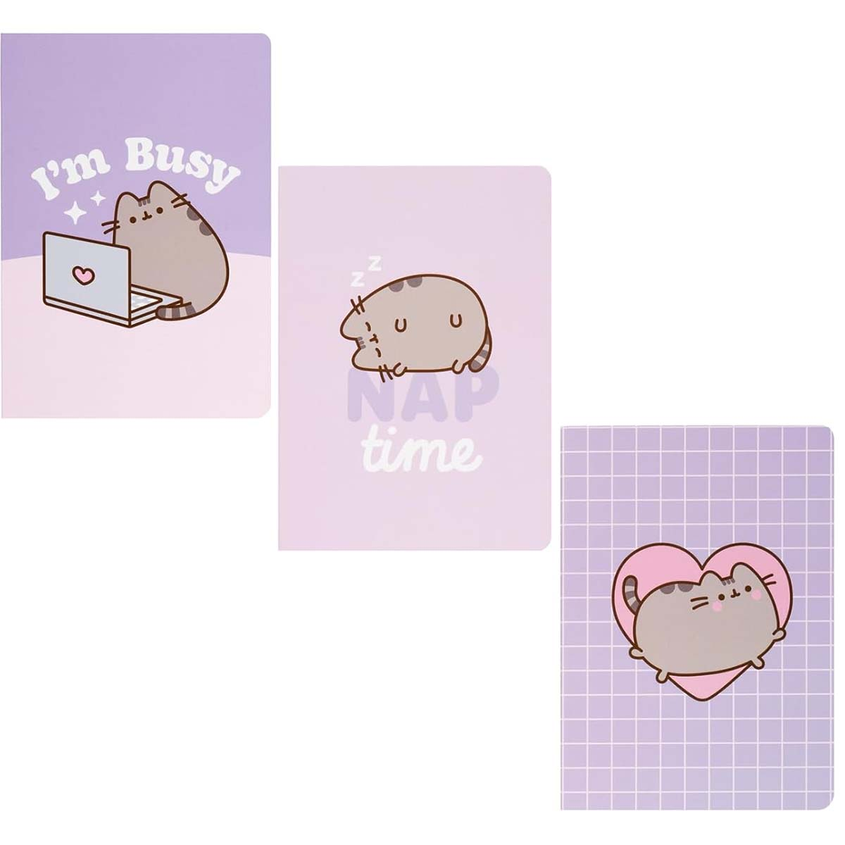 Drei Notizbücher mit Pusheen der Katze, lila Hintergründe.