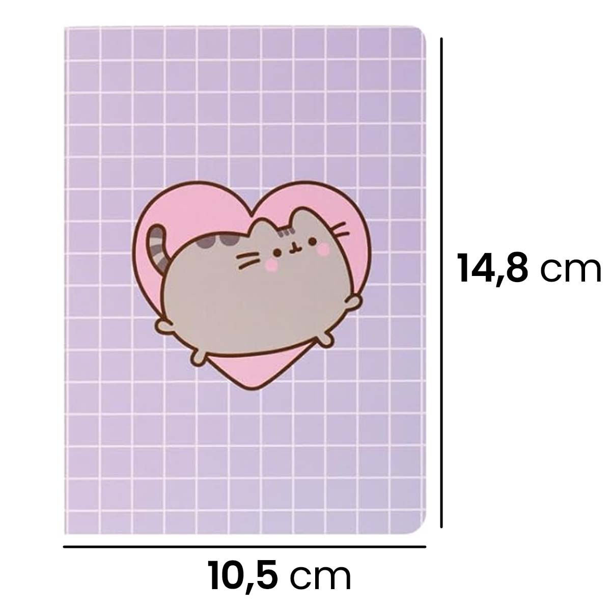 Ein Notizbuch mit einem lila Gittermuster und einer grauen Katze in einem rosa Herz.
