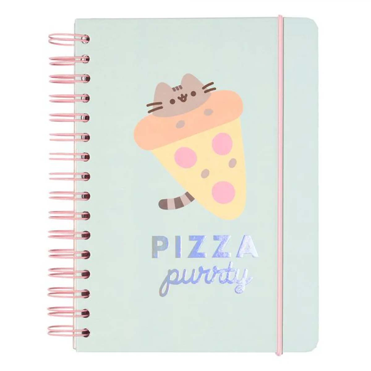 Hellgrünes Notizbuch mit niedlichem Katzen-Pizzamotiv und Spiralbindung.