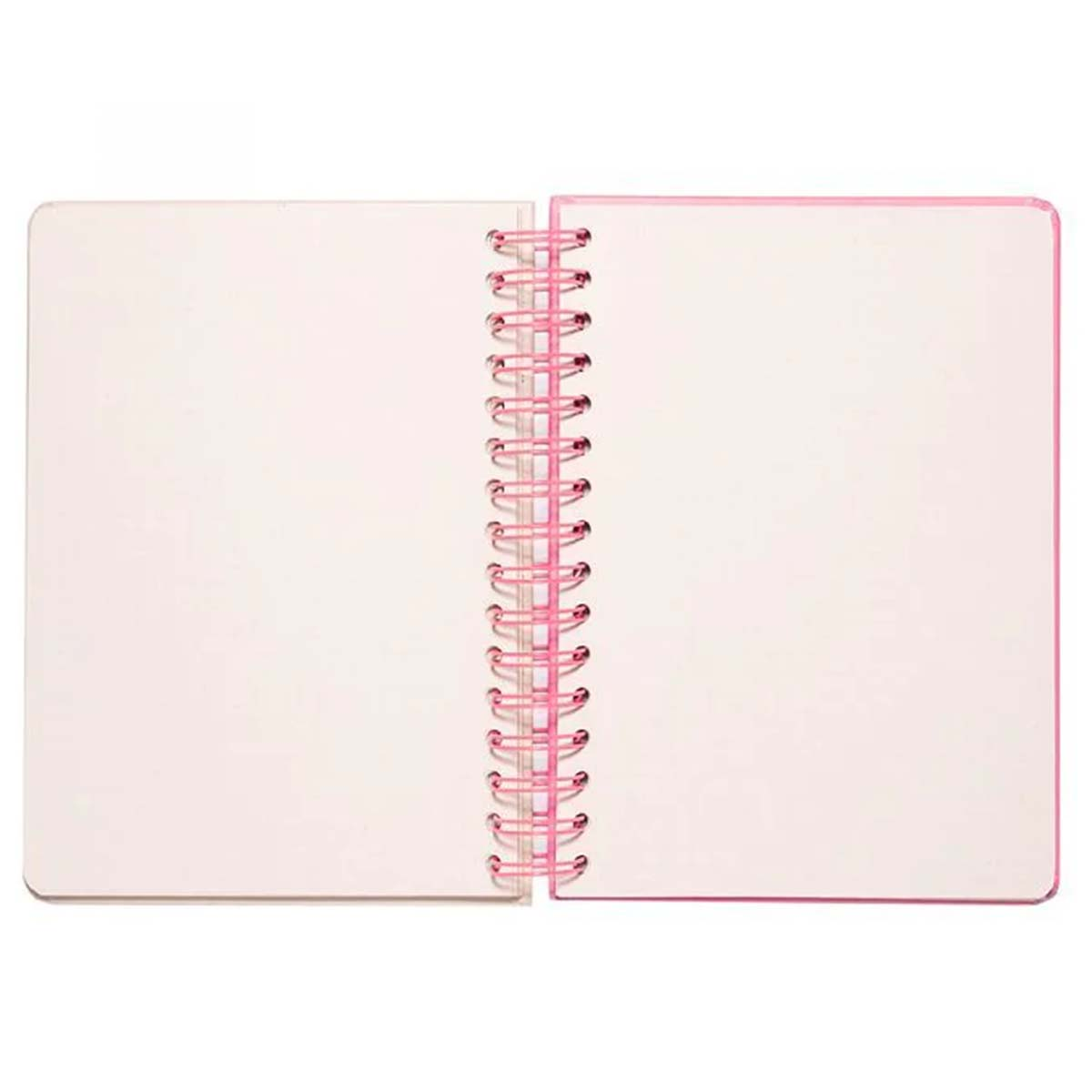 Ein offenes Notizbuch mit rosa Spiralbindung und weißen Seiten.