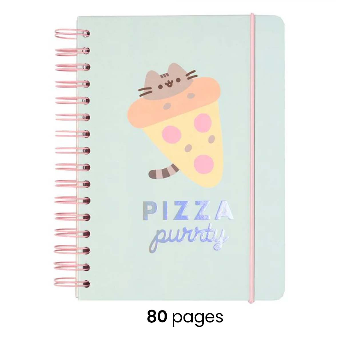 Ein hellgrünes Notizbuch mit rosa Spiralbindung und einem süßen Katzendesign.