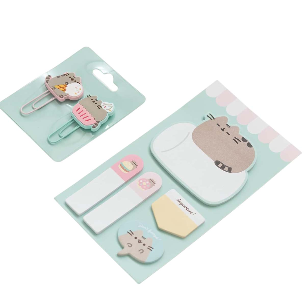 Zwei Pusheen-Katzen-Clips auf einer Karte und ein Blatt Katzen-Notizzettel.