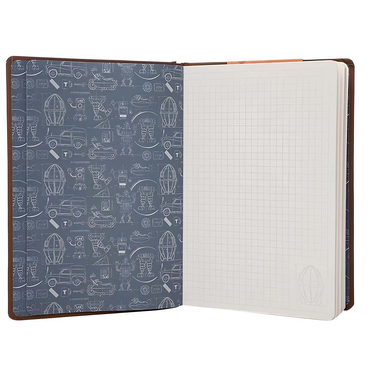 Ein offenes Notizbuch mit einer Seite mit Gitterpapier und einer Seite mit einem blauen Muster.