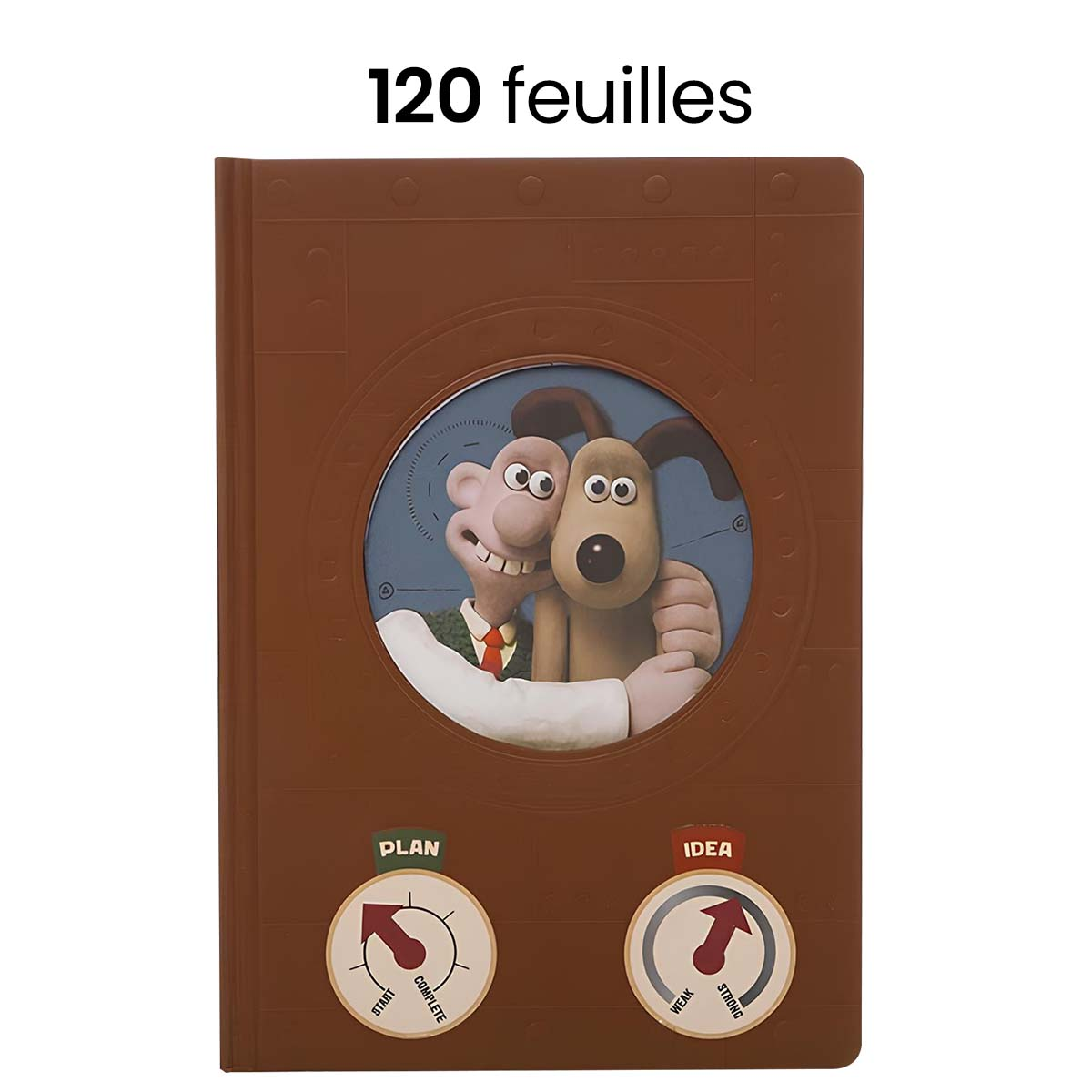 Ein braunes Notizbuch mit Wallace und Gromit-Bildern und zwei Zifferblättern.
