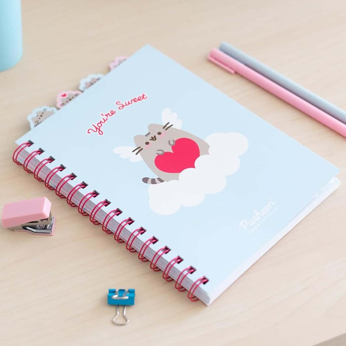 Ein hellblaues Notizbuch mit Pusheen-Katzen-Grafik und pinker Spiralbindung.