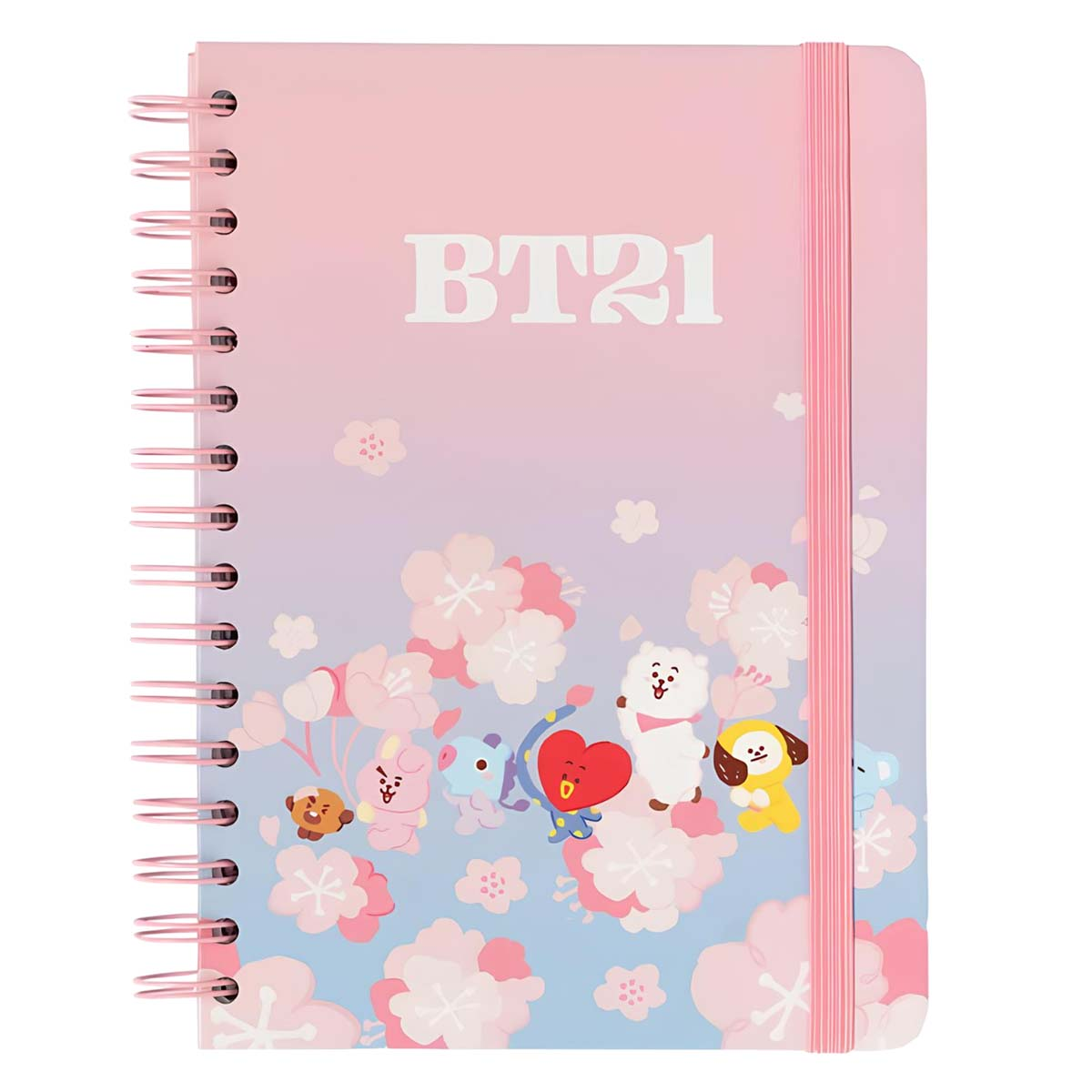 Ein pinkes Notizbuch mit BT21-Design und Kirschblüten. Spiralbindung.