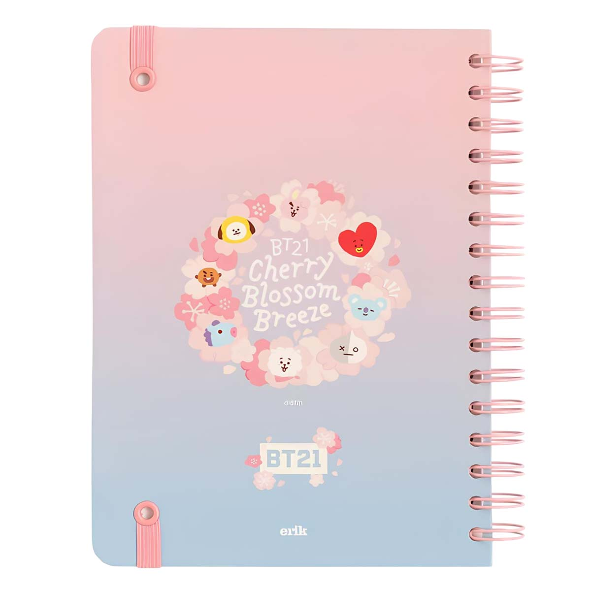Notizbuch mit Kirschblüten-Motiv und BT21-Figuren, rosa und blau.