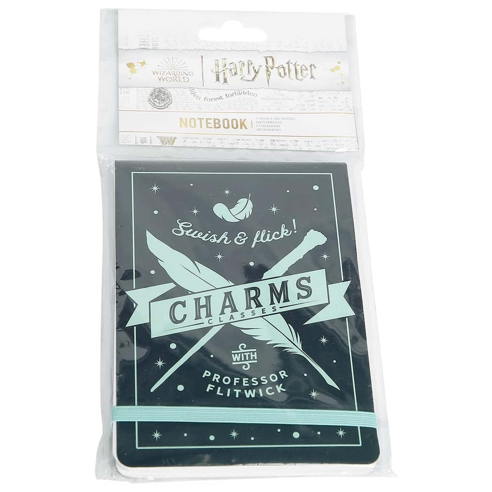 Ein Harry Potter Notizbuch mit Federn und Zauberstab-Motiv für Charms-Unterricht.