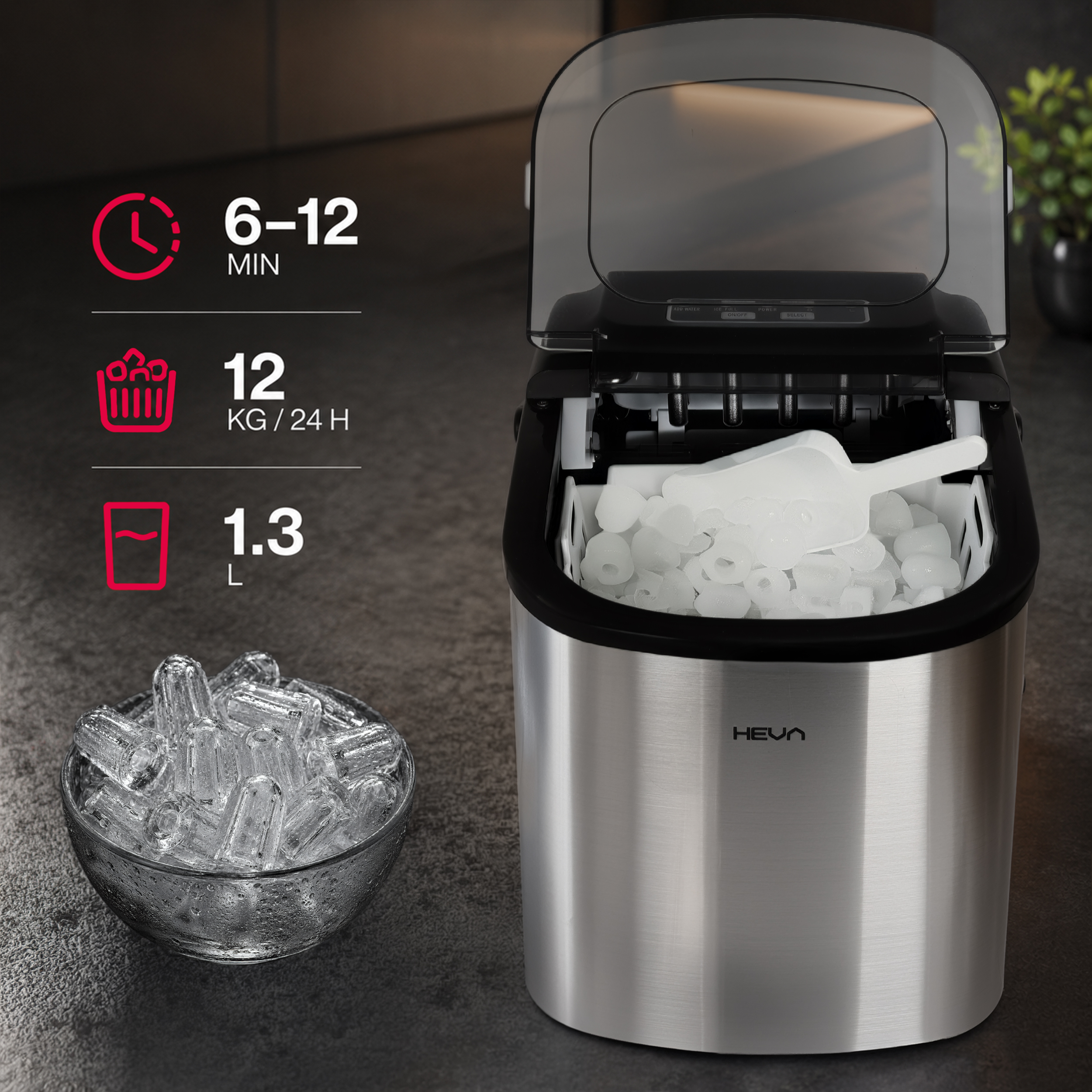 Kostkarka ze stali nierdzewnej z kostkami i szufelką, pokazuje 6-12 min, 12kg/24h, 1,3L.