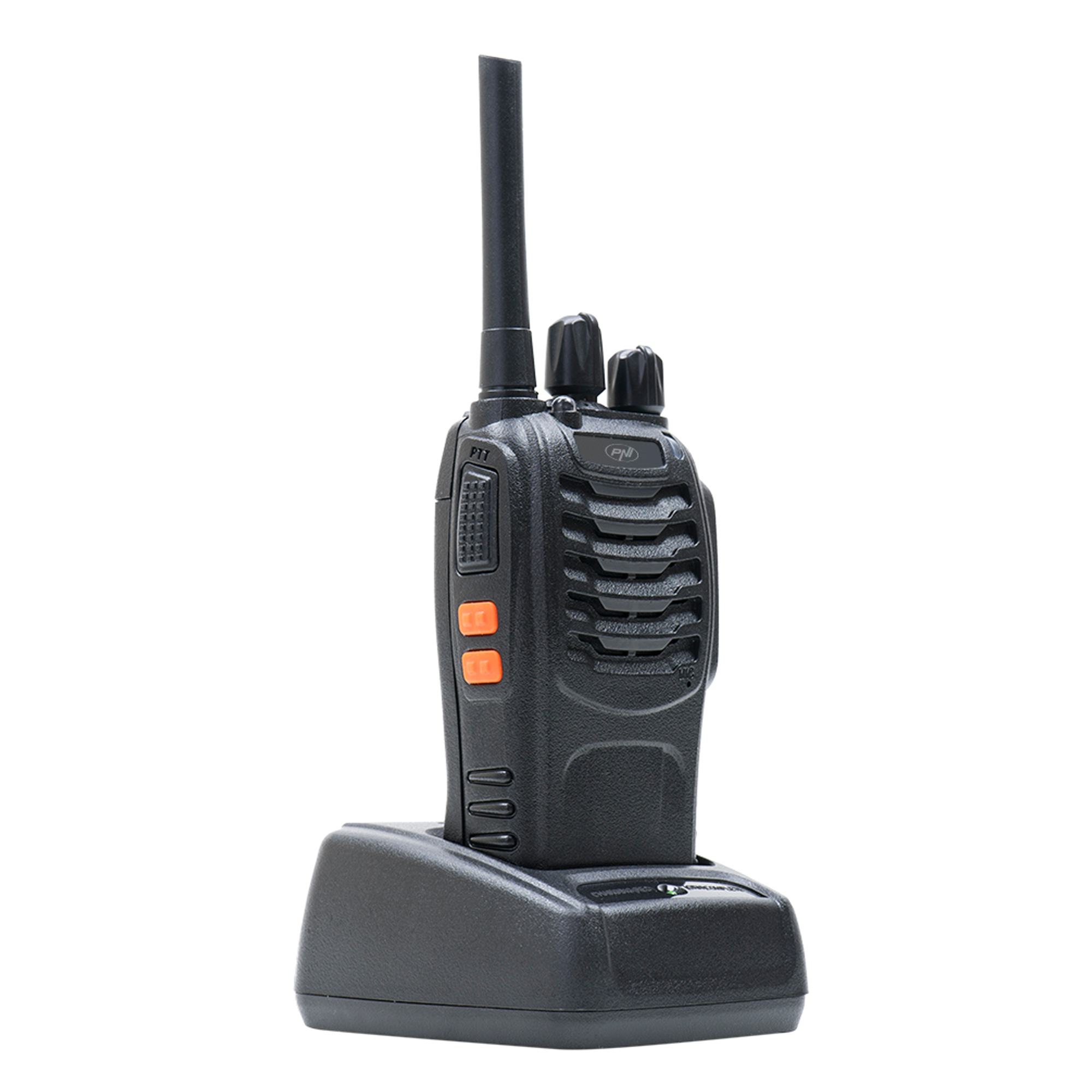 Ein schwarzes Funkgerät mit Antenne, das in einer Ladeschale steht.