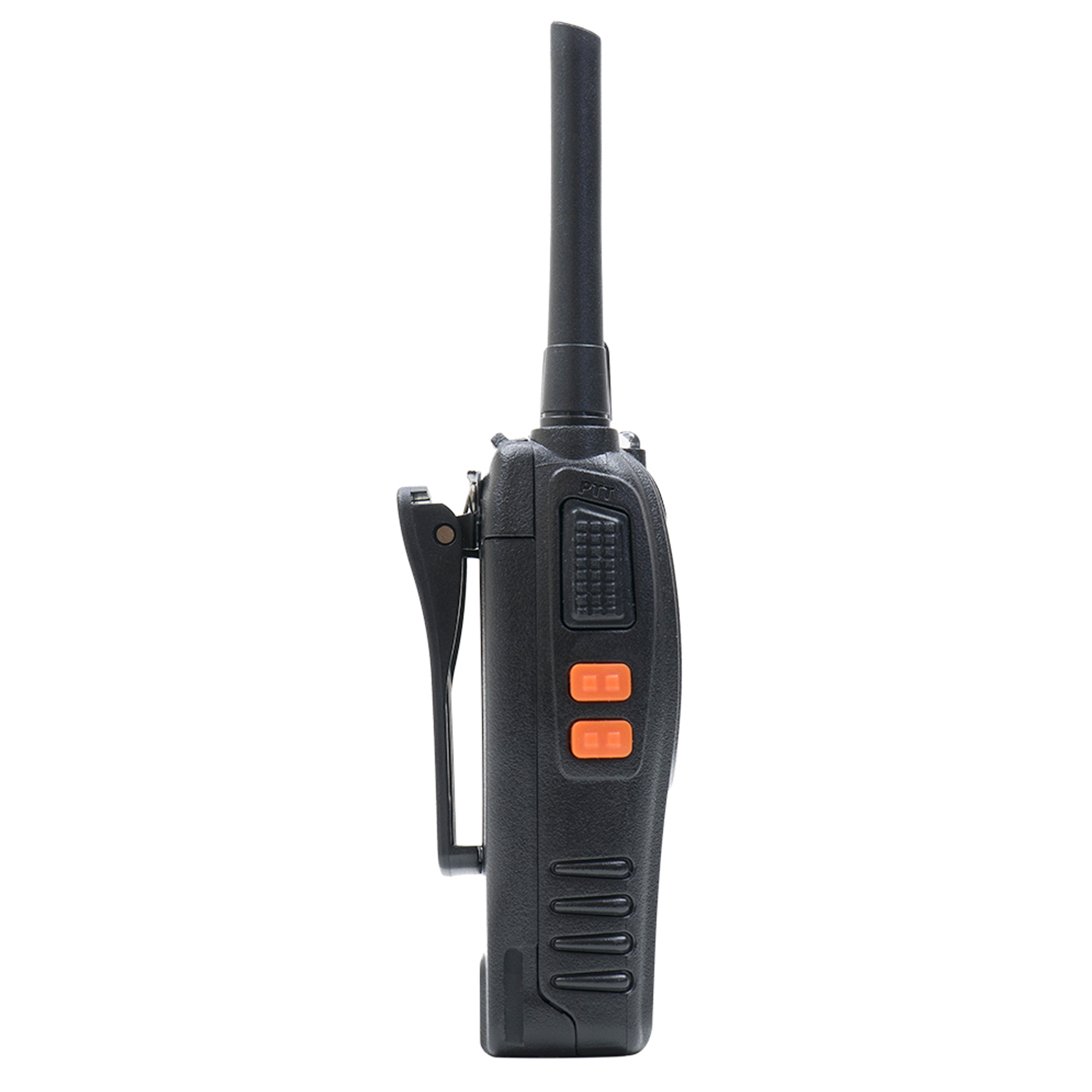 Schwarzer Handfunkgerät mit Antenne, Clip und zwei orangen Tasten.