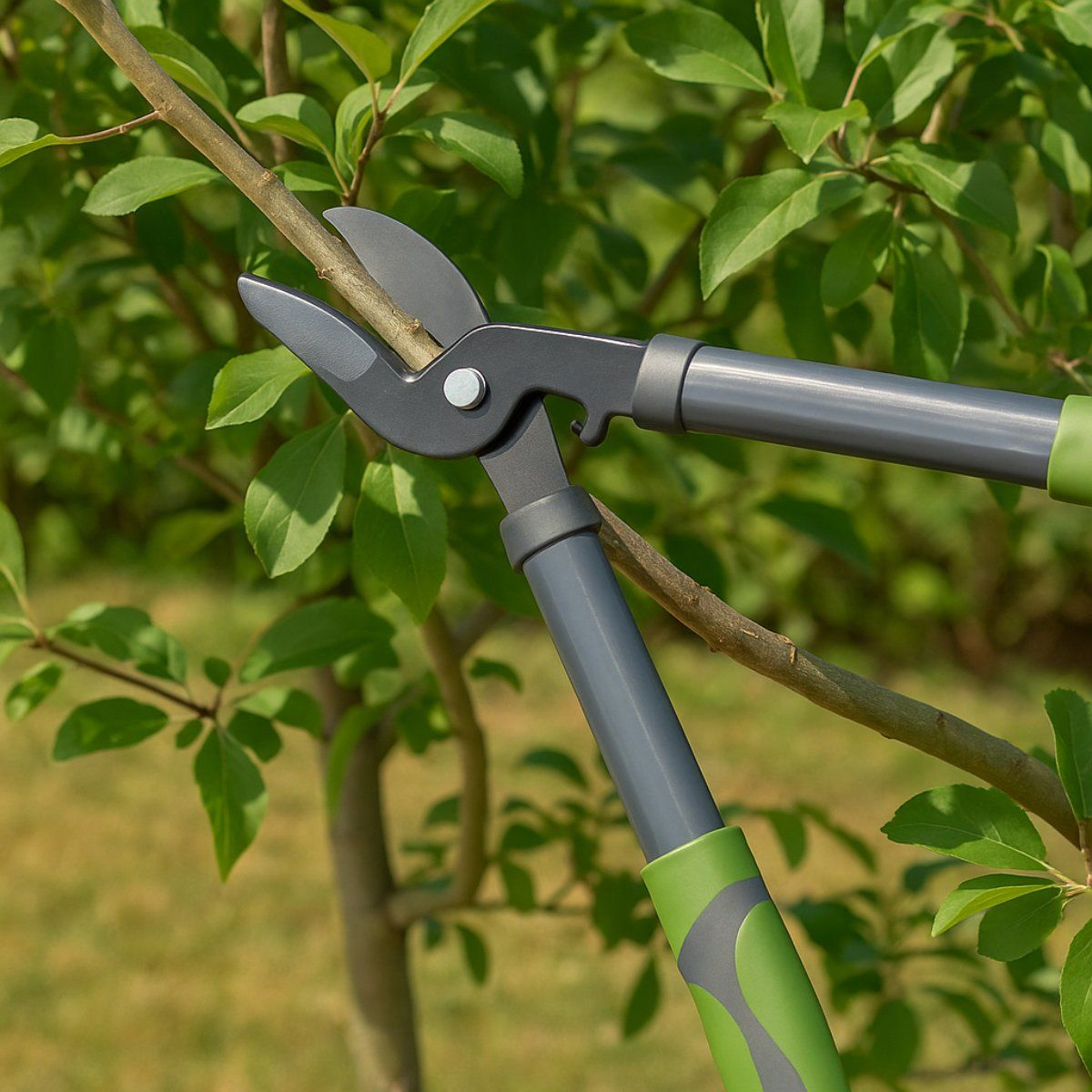 Gardening shears cutting a branch against green leaves and grass.