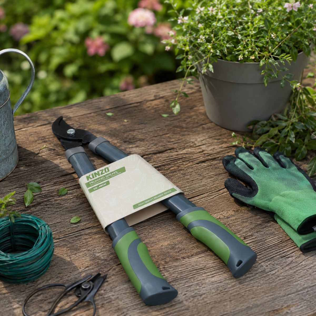Pruning shears, gloves, wire, and watering can on a wooden garden table.