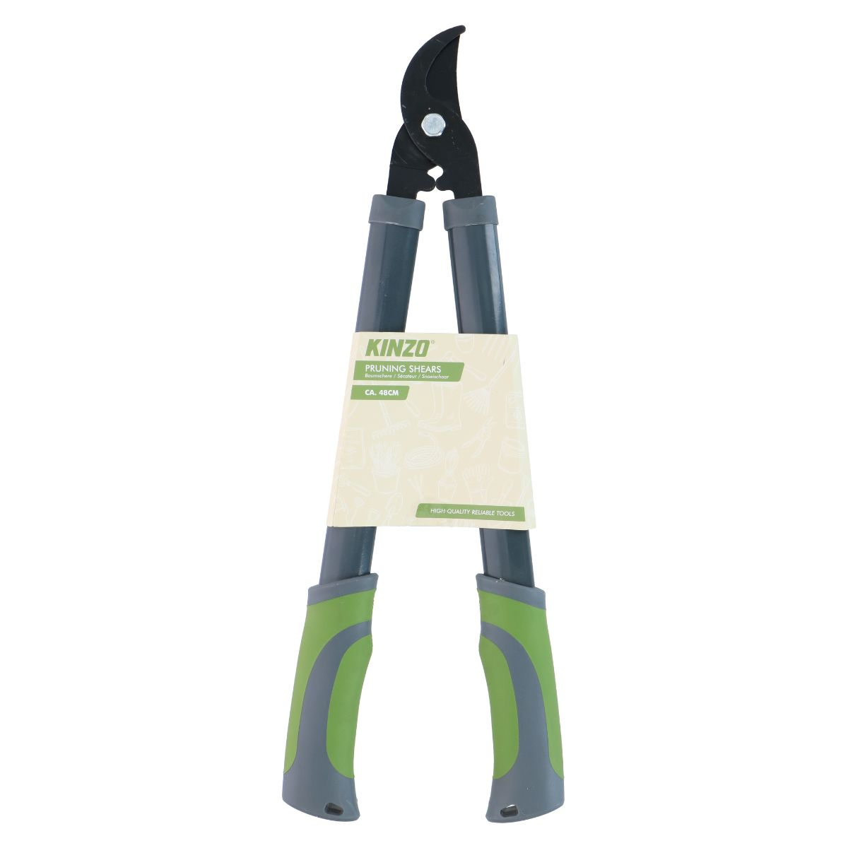 Kinzo pruning shears, approx. 48cm, with gray and green handles.