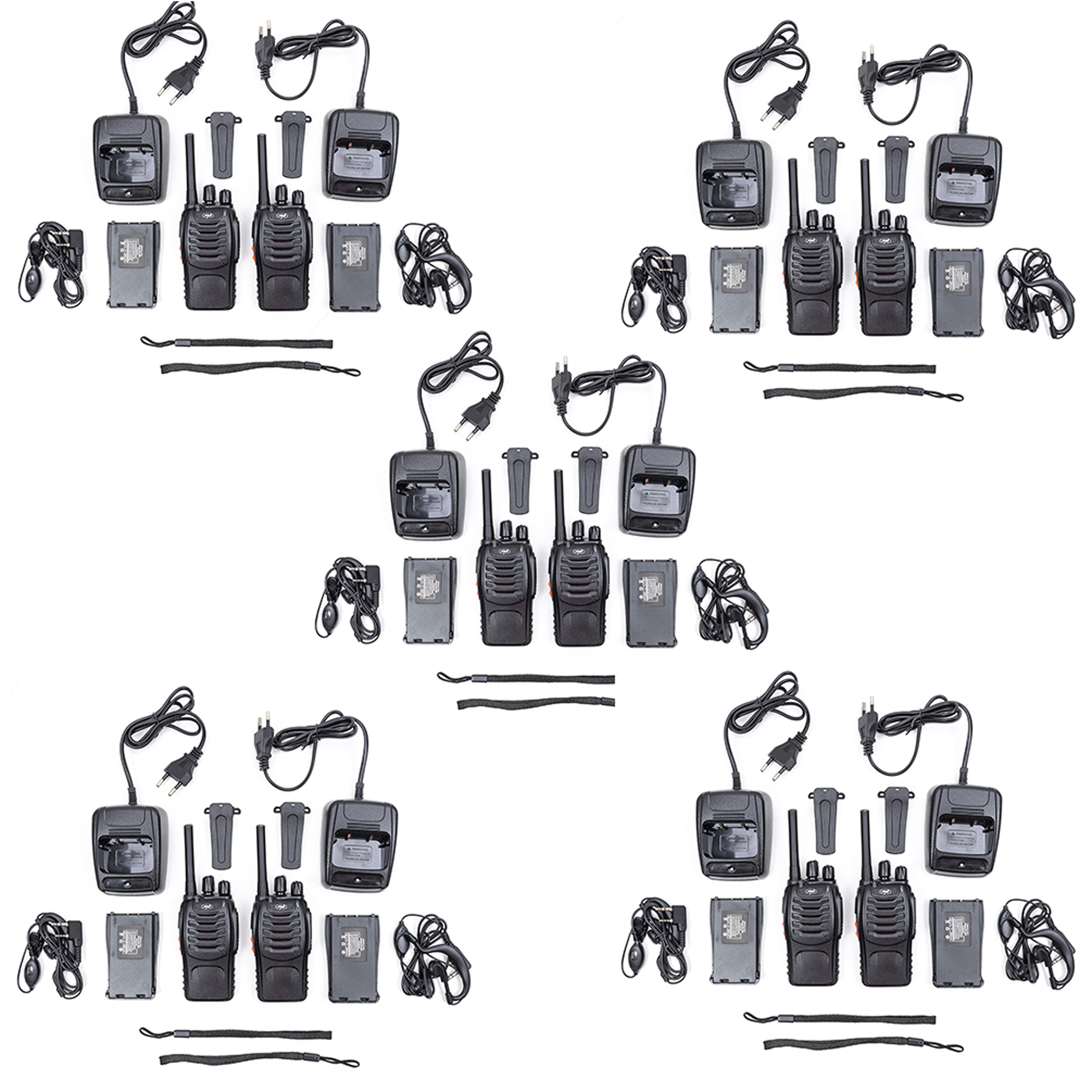 Vier Sätze von Walkie-Talkies mit Ladegeräten, Batterien, Gürtelclips und Ohrstücken.