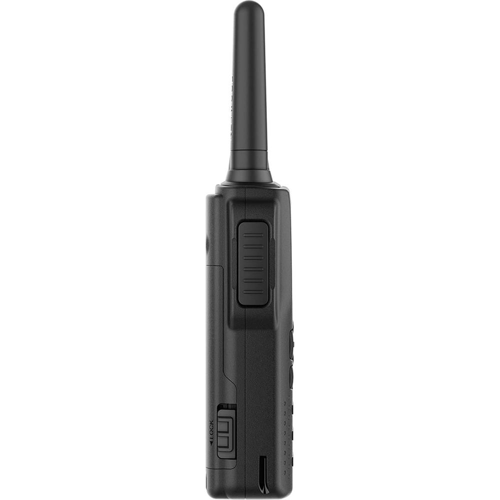 Walkie-talkie nero con antenna, pulsanti laterali e interruttore di blocco.