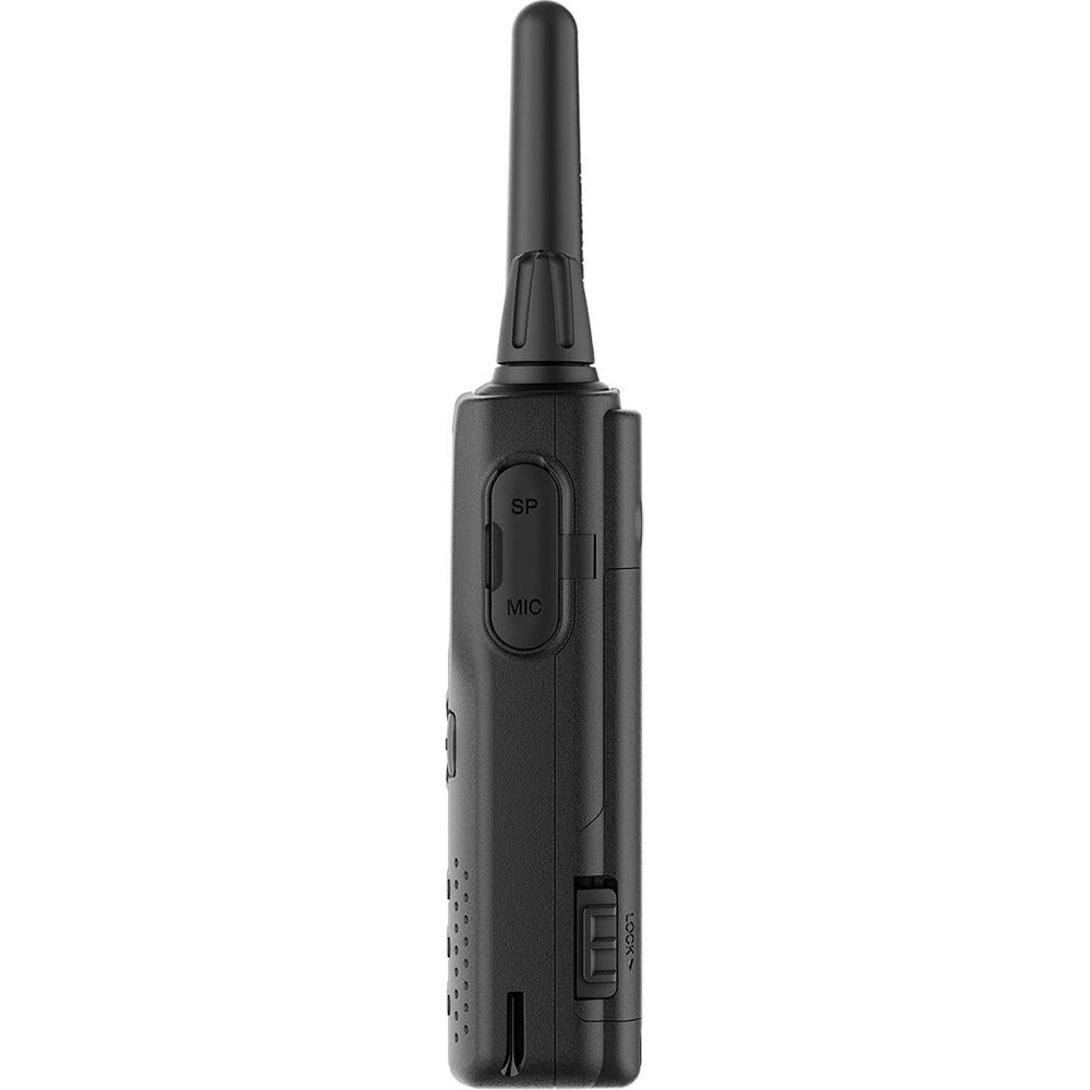 Walkie-talkie nero con antenna, pulsanti SP e MIC e interruttore di blocco.