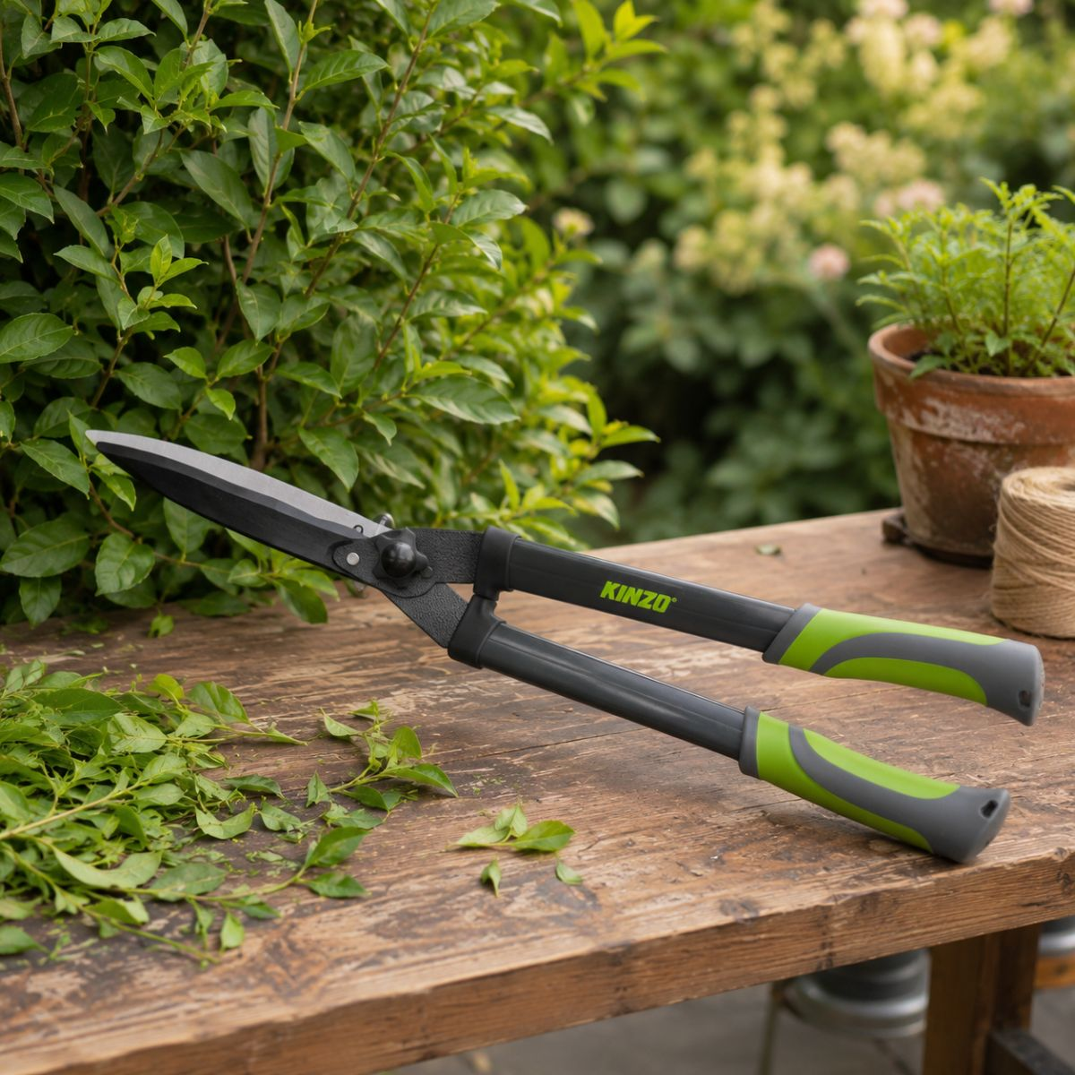 Kinzo-schaar rust op een houten tafel naast een groene struik en een potplant.