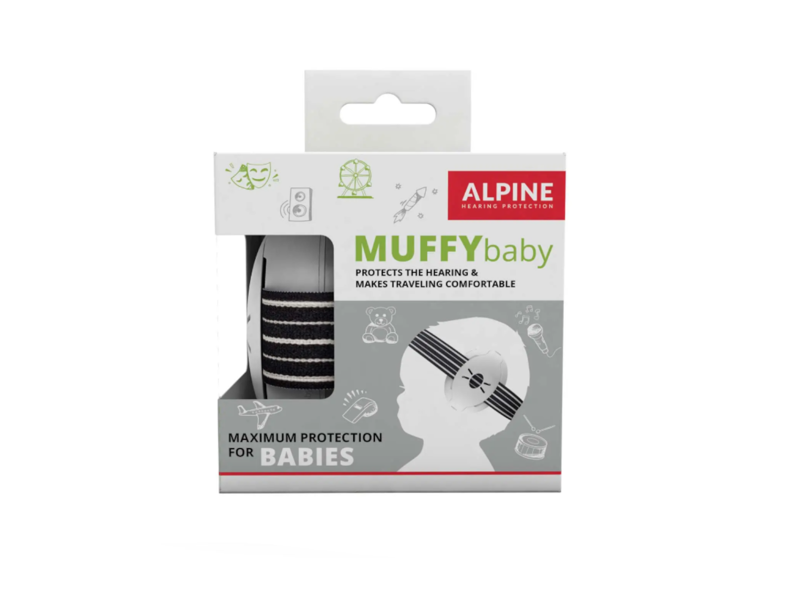 Verpackung für Alpine Muffybaby Gehörschutz für Babys mit Illustrationen.