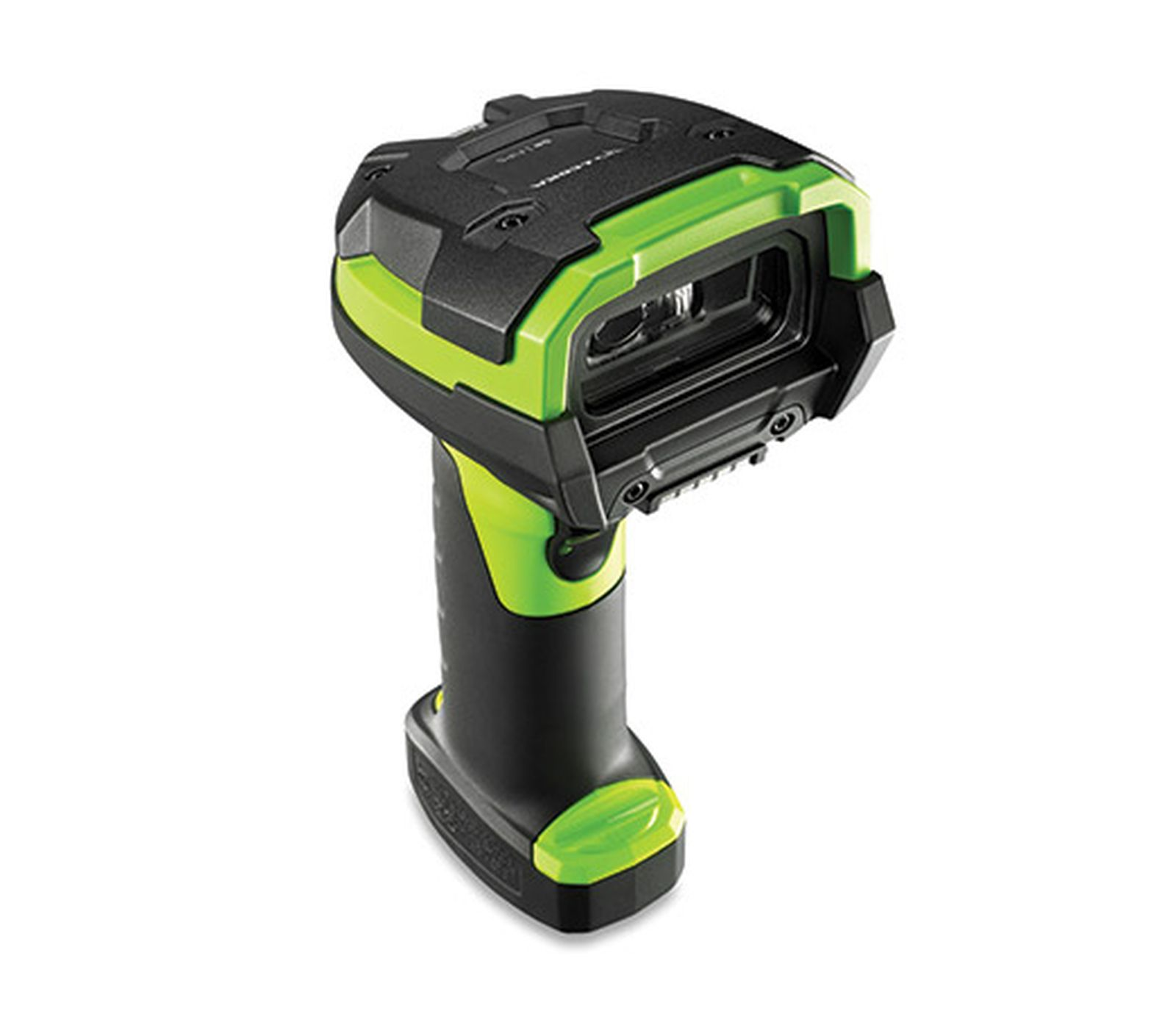 Uno scanner di codici a barre nero e verde con impugnatura ergonomica e spia di carica.