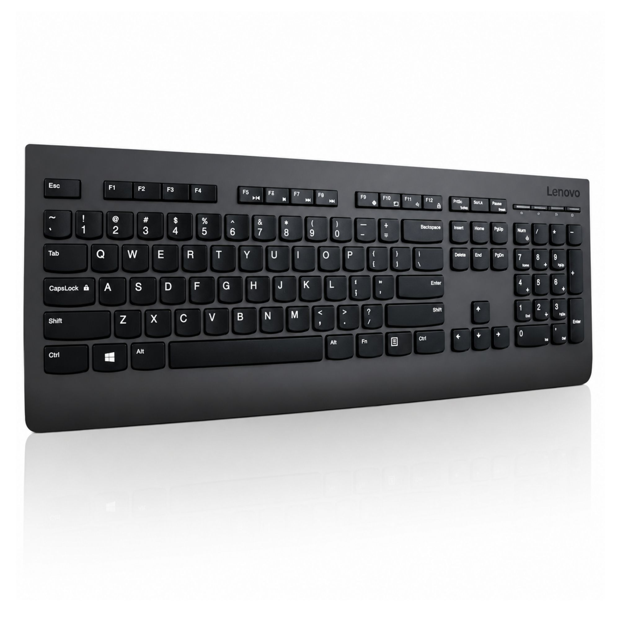 Tam sayısal tuş takımına sahip siyah bir Lenovo klavye beyaz zeminde gösterilmektedir.