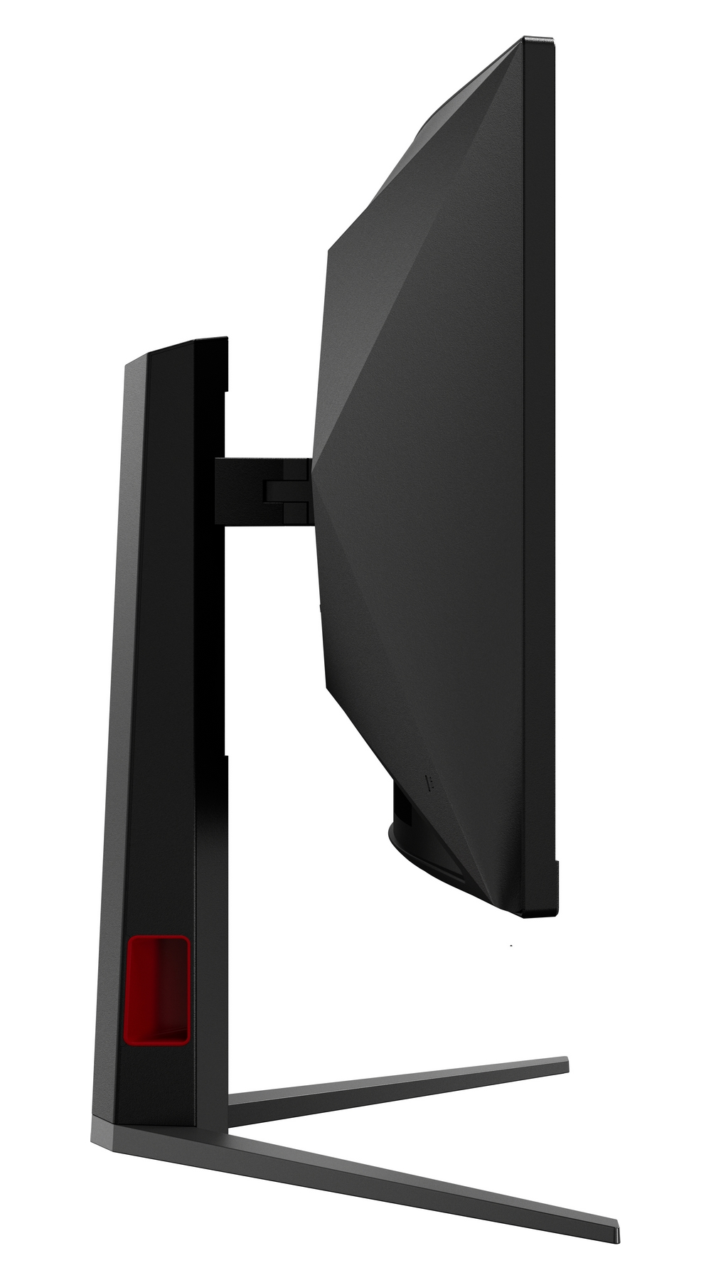 Monitor de computadora negro con acento rojo en el soporte, visto de lado.