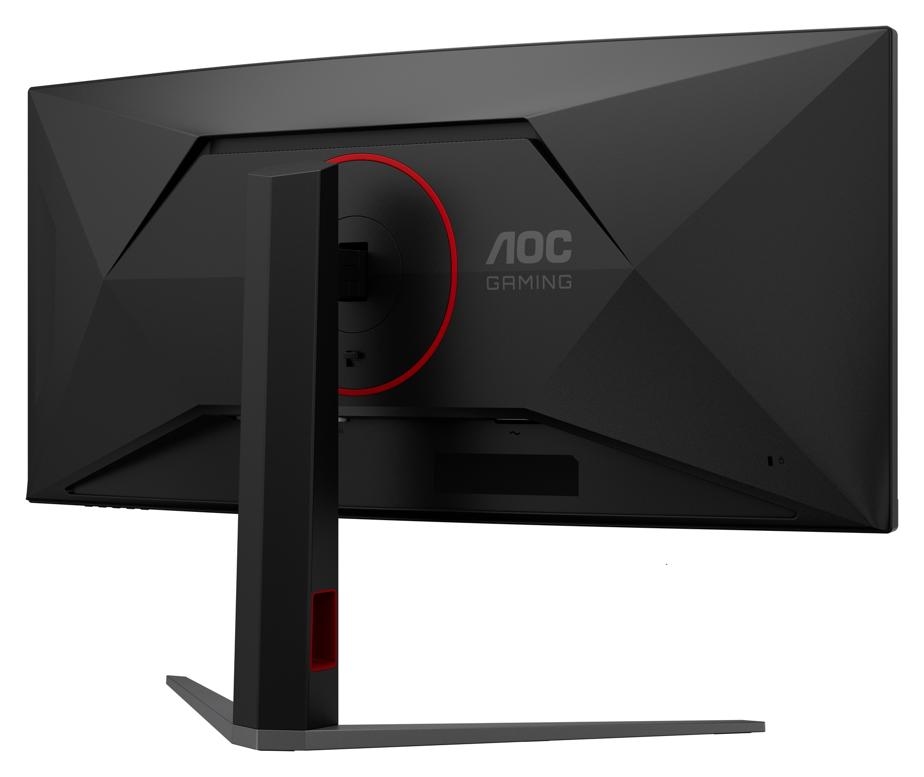 Parte trasera de monitor gaming AOC negro con detalle de anillo rojo y soporte plateado.