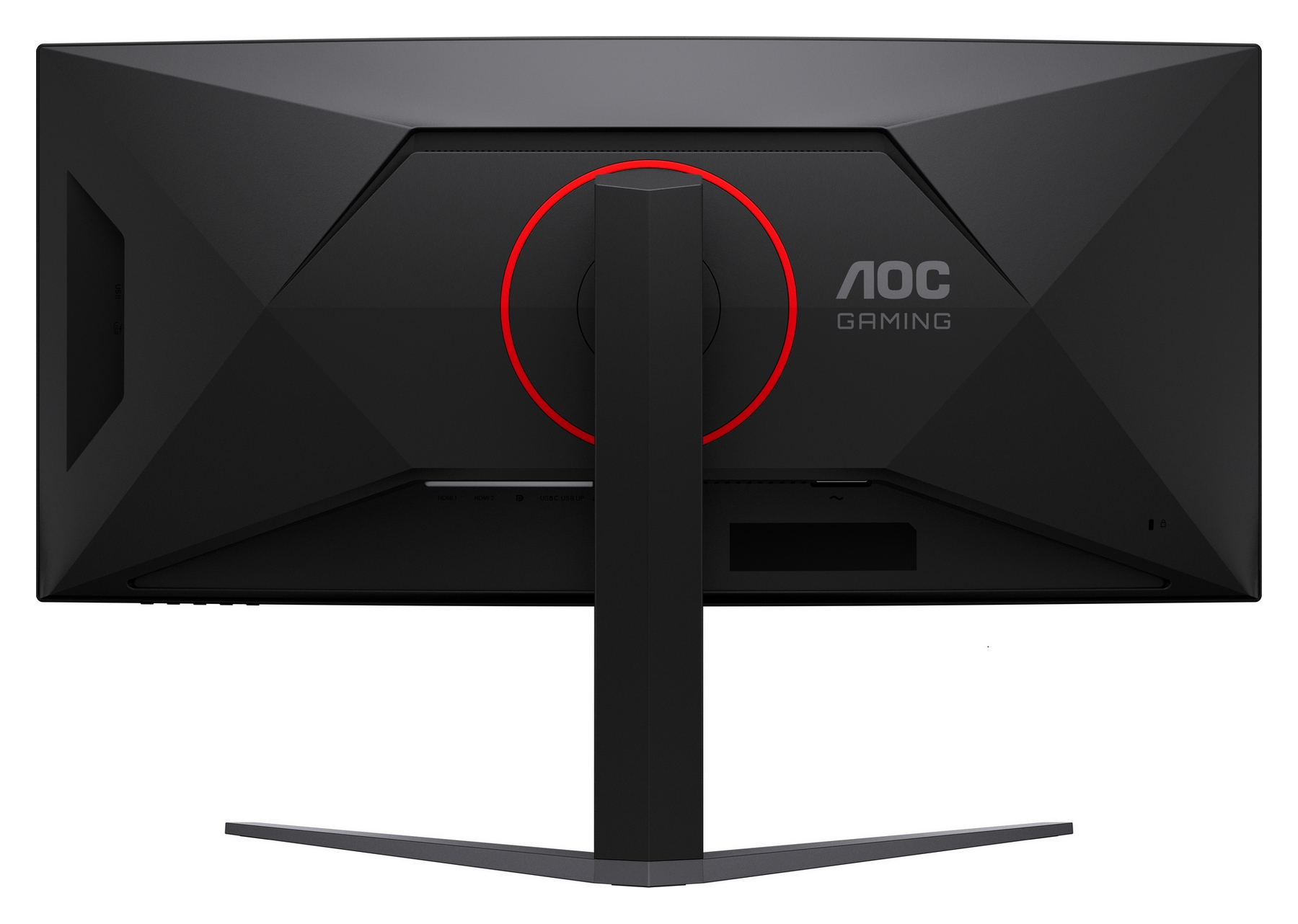 Parte trasera de un monitor negro AOC Gaming con un círculo rojo alrededor del soporte.