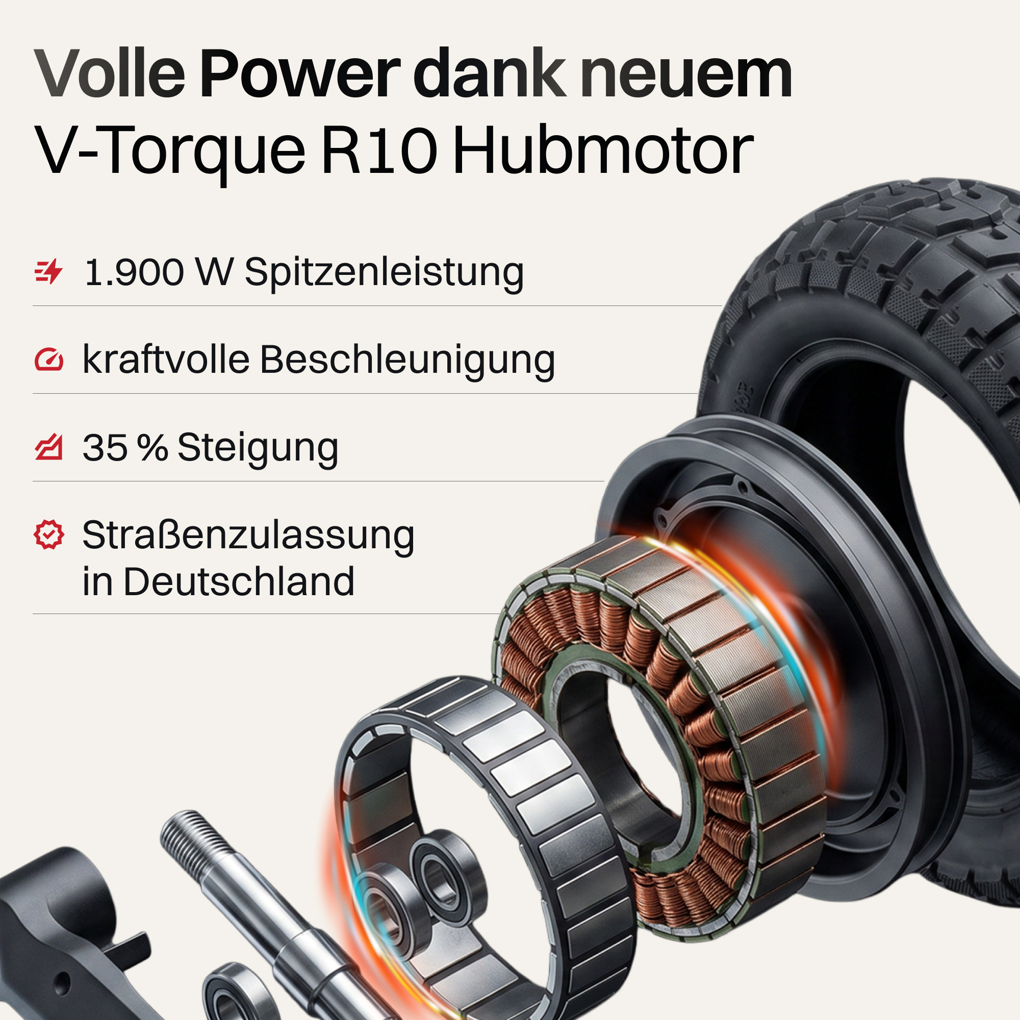 V-Torque R10 Hubmotor: 1900W, starke Beschleunigung, 35% Steigung, dt. Straßenzulassung.
