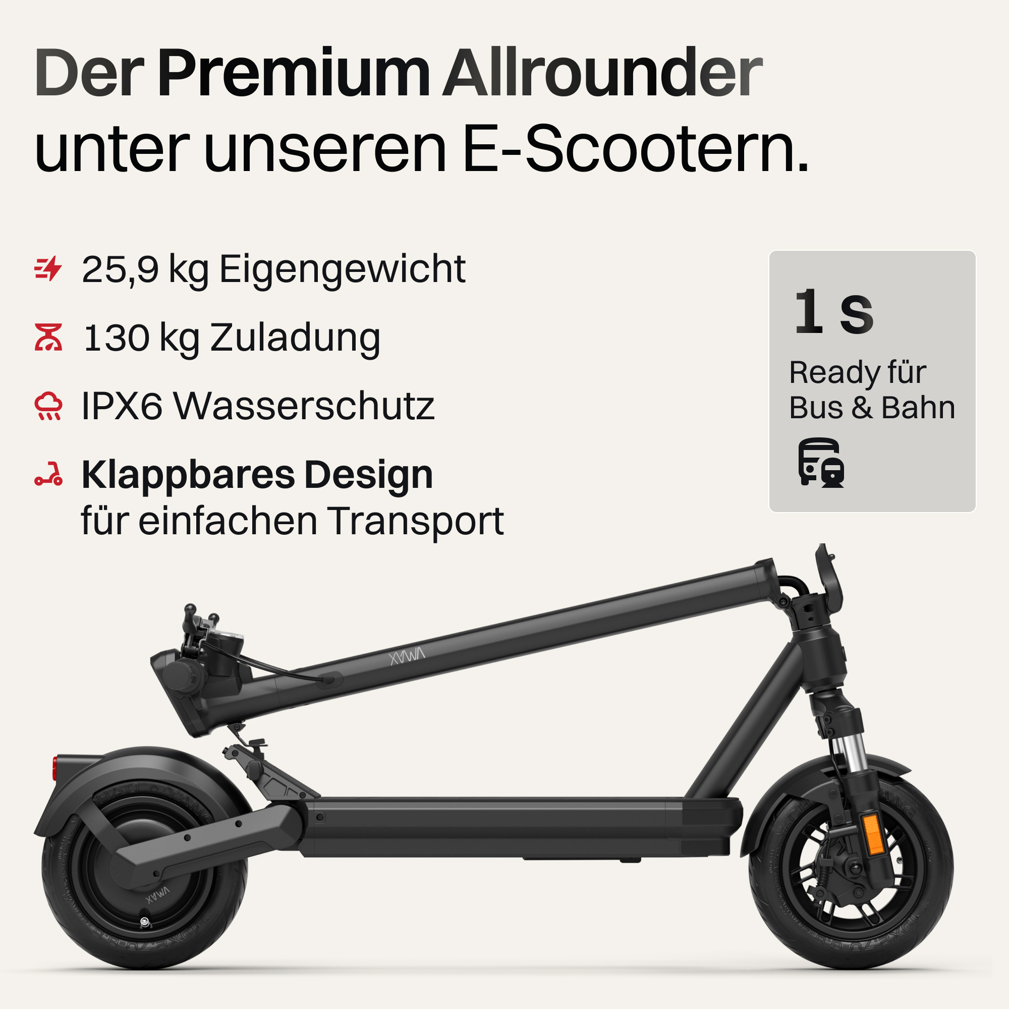 Schwarzer E-Scooter mit Klappfunktion. Spezifikationen: 25,9kg, 130kg Zuladung, IPX6.